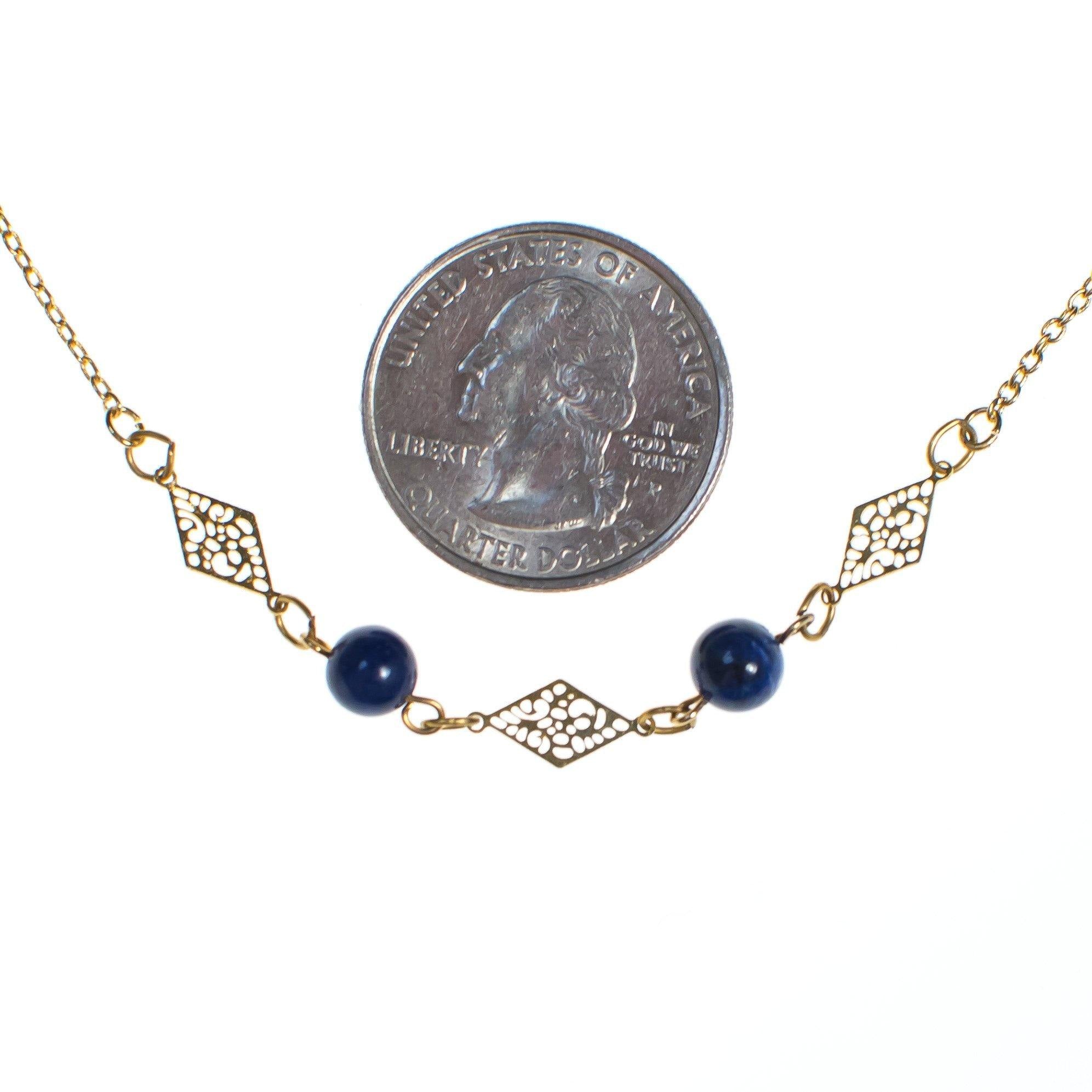 Vintage 1970s Minimalist Lapis and Gold Filigree Geometric Station Necklace by 1970s - Vintage Meet Modern Vintage Jewelry - Chicago, Illinois - #oldhollywoodglamour #vintagemeetmodern #designervintage #jewelrybox #antiquejewelry #vintagejewelry