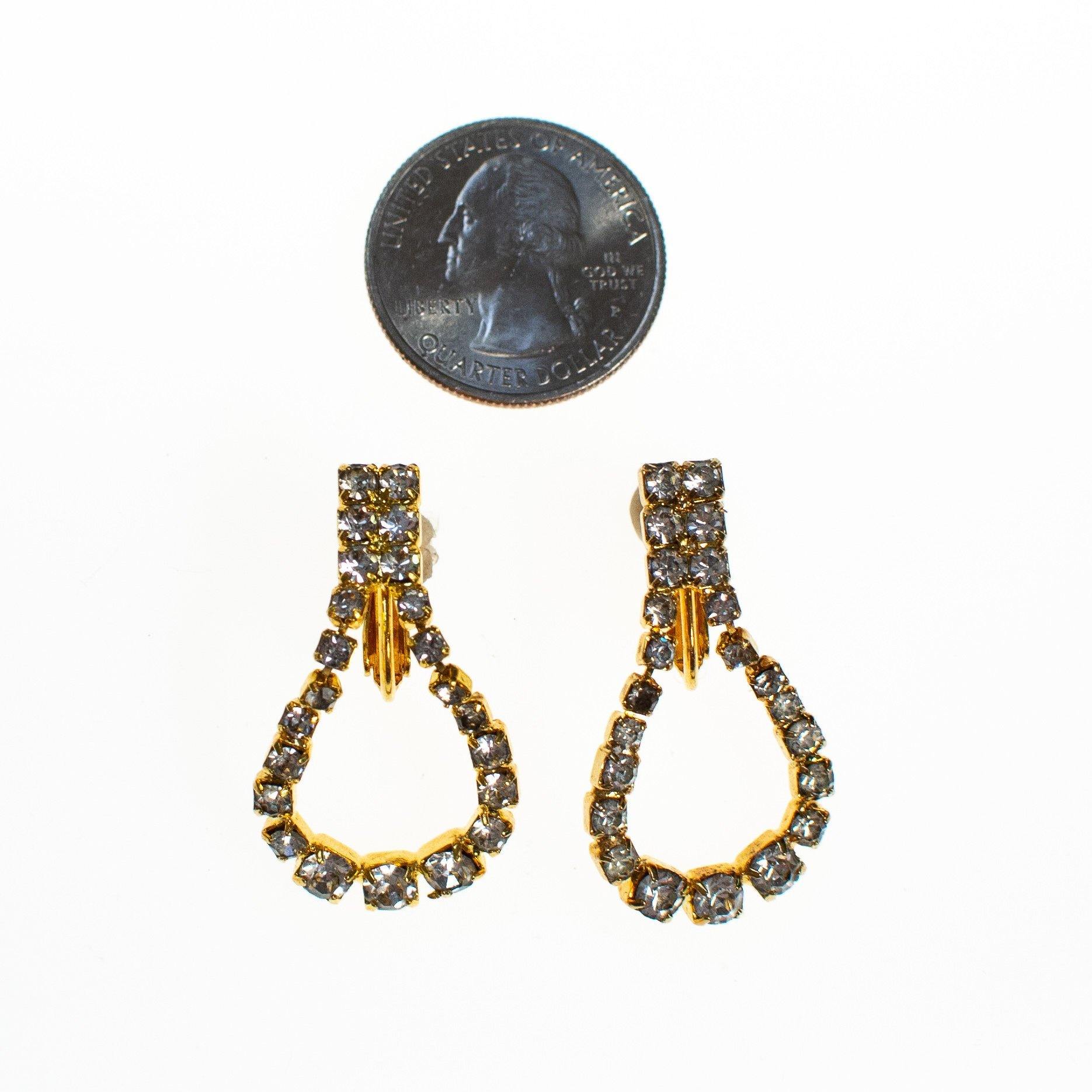 Vintage Hobe Earrings, Clear Crystal Rhinestones, Gold Tone Earrings, Dangle Loops, Clip with Screw Back by Hobe - Vintage Meet Modern Vintage Jewelry - Chicago, Illinois - #oldhollywoodglamour #vintagemeetmodern #designervintage #jewelrybox #antiquejewelry #vintagejewelry