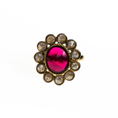Vintage Ruby Crystal and Bezel Set Crystal Flower Statement Ring by 1960s - Vintage Meet Modern Vintage Jewelry - Chicago, Illinois - #oldhollywoodglamour #vintagemeetmodern #designervintage #jewelrybox #antiquejewelry #vintagejewelry