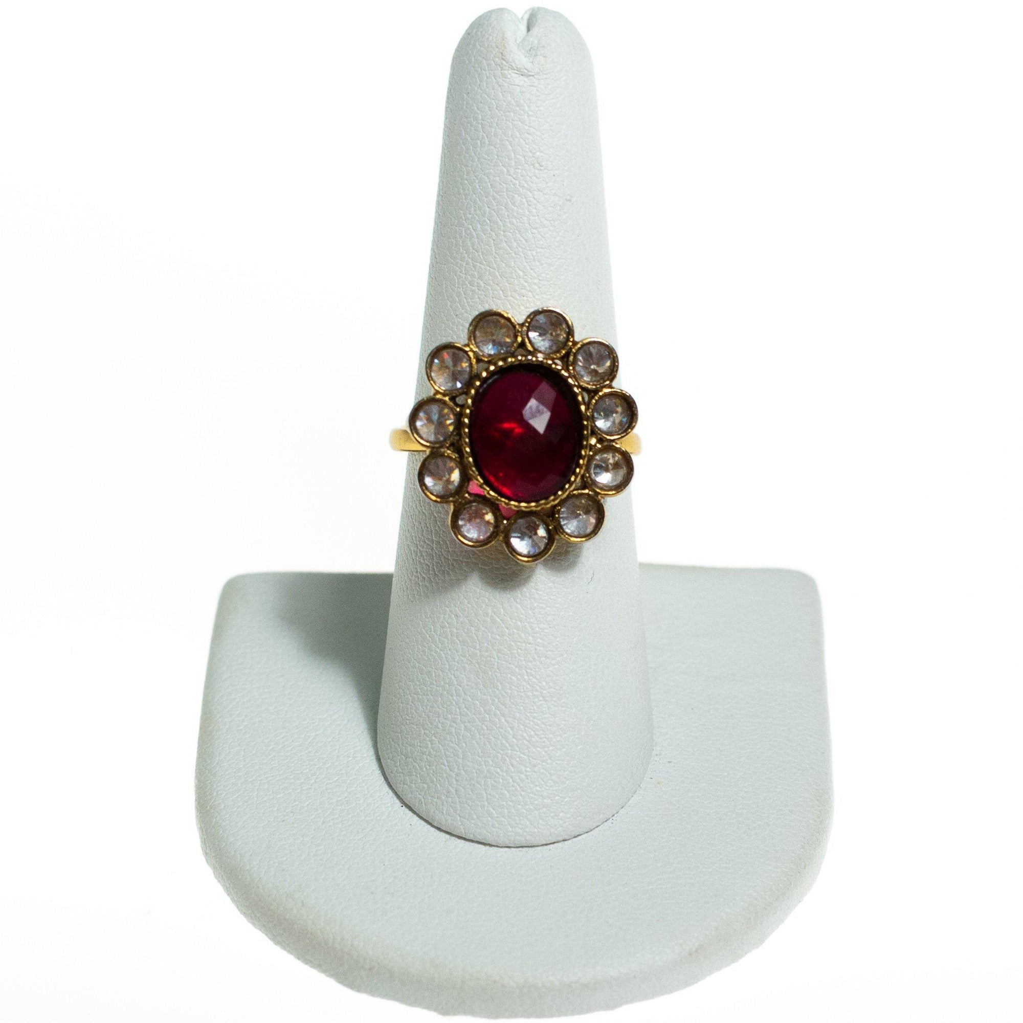 Vintage Ruby Crystal and Bezel Set Crystal Flower Statement Ring by 1960s - Vintage Meet Modern Vintage Jewelry - Chicago, Illinois - #oldhollywoodglamour #vintagemeetmodern #designervintage #jewelrybox #antiquejewelry #vintagejewelry
