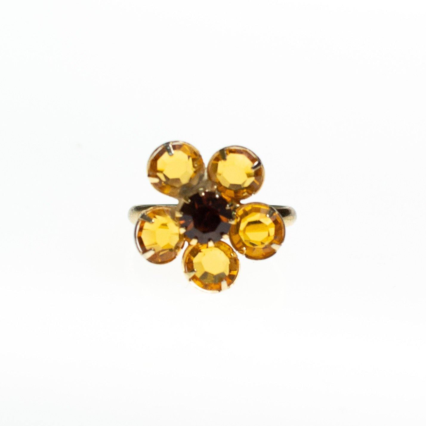 Vintage Gold Crystal Daisy Ring, Statement Ring, Adjustable, Black Eyed Susan by 1960s - Vintage Meet Modern Vintage Jewelry - Chicago, Illinois - #oldhollywoodglamour #vintagemeetmodern #designervintage #jewelrybox #antiquejewelry #vintagejewelry