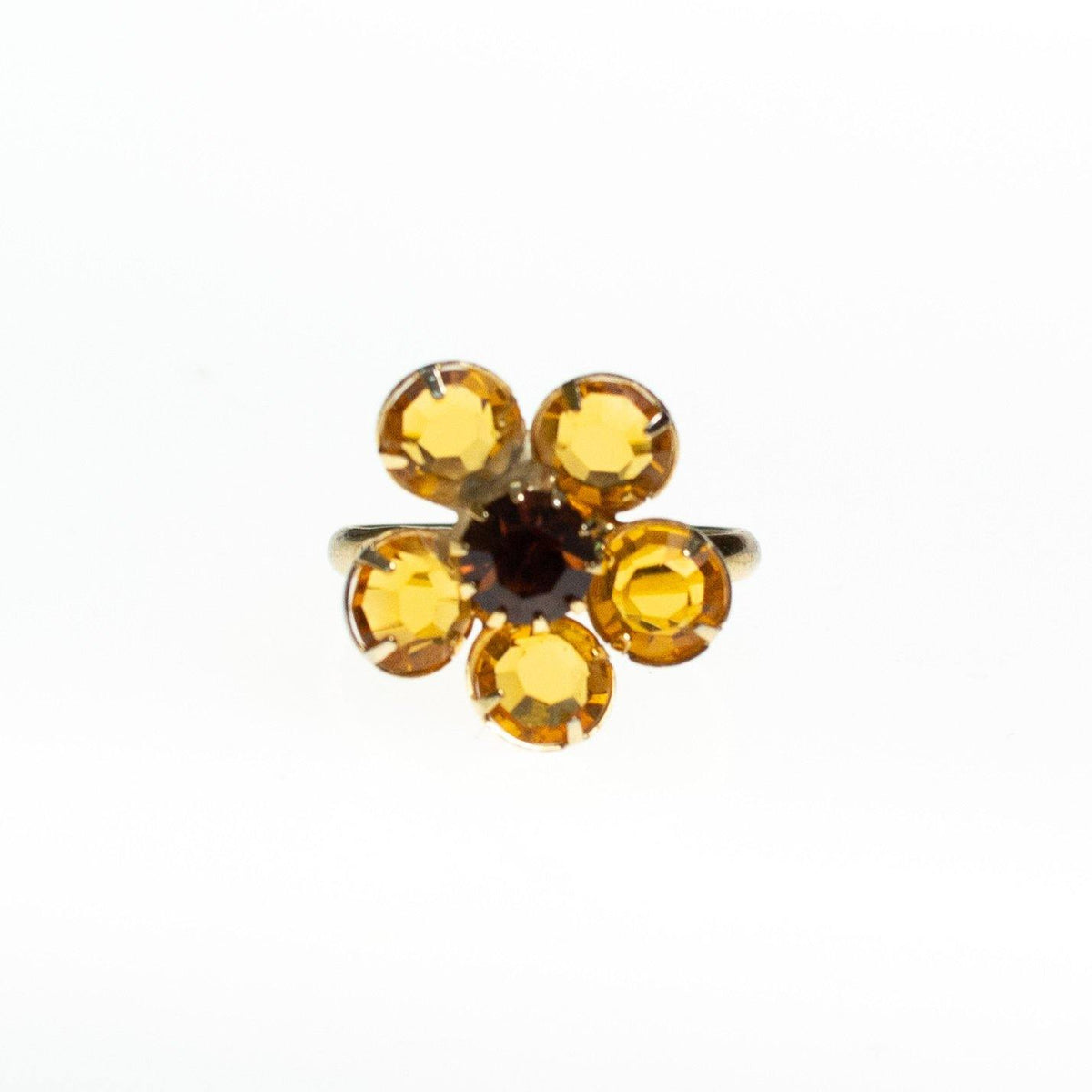 Vintage Gold Crystal Daisy Ring, Statement Ring, Adjustable, Black Eyed Susan