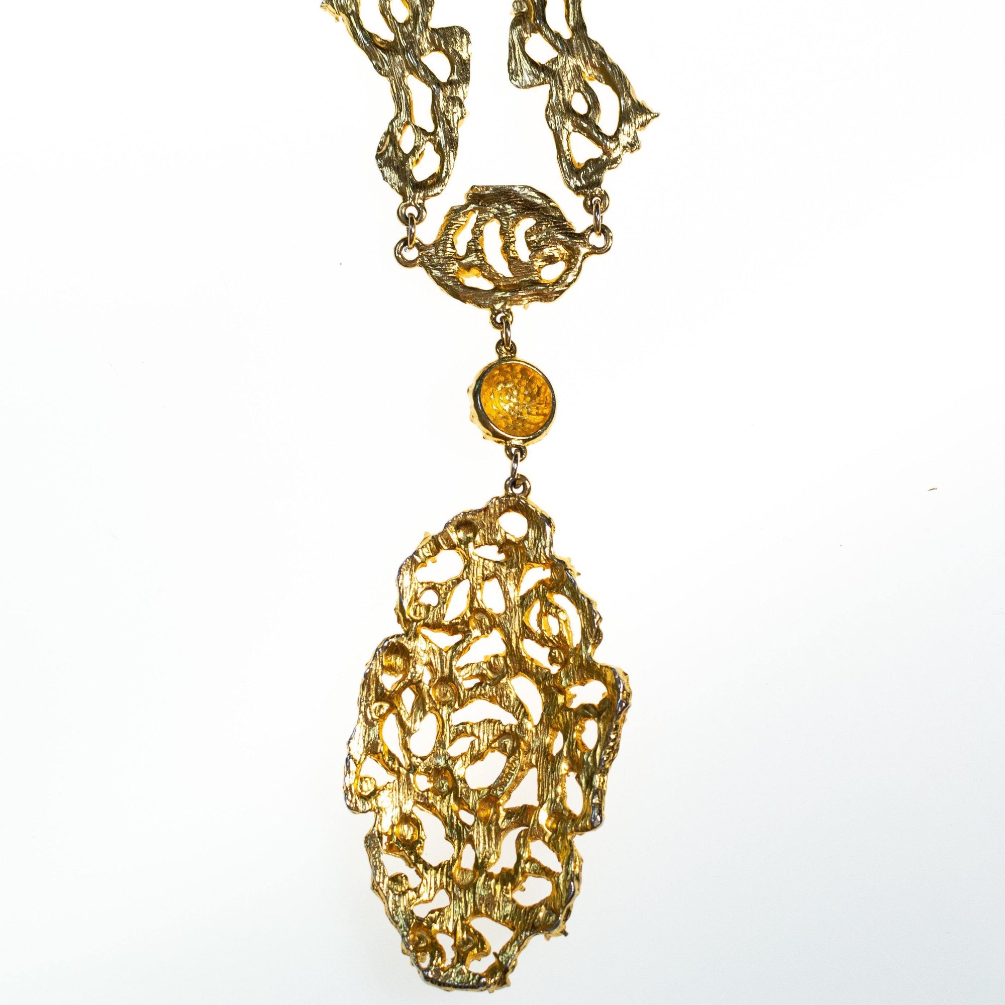 Vintage Polcini Gold Brutalist Modern Long Statement Necklace with Rhinestones by 1960s - Vintage Meet Modern Vintage Jewelry - Chicago, Illinois - #oldhollywoodglamour #vintagemeetmodern #designervintage #jewelrybox #antiquejewelry #vintagejewelry