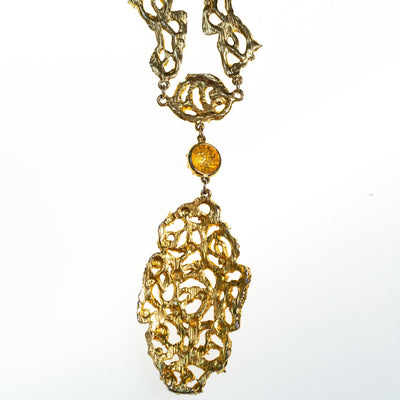 Vintage Polcini Gold Brutalist Modern Long Statement Necklace with Rhinestones by 1960s - Vintage Meet Modern Vintage Jewelry - Chicago, Illinois - #oldhollywoodglamour #vintagemeetmodern #designervintage #jewelrybox #antiquejewelry #vintagejewelry