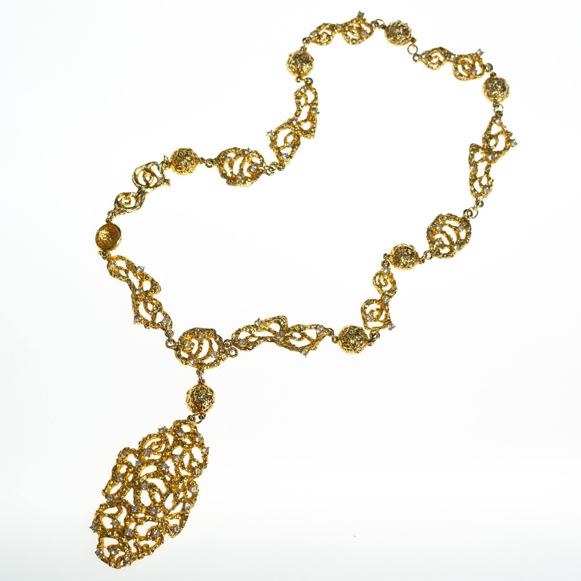 Vintage Polcini Gold Brutalist Modern Long Statement Necklace with Rhinestones by 1960s - Vintage Meet Modern Vintage Jewelry - Chicago, Illinois - #oldhollywoodglamour #vintagemeetmodern #designervintage #jewelrybox #antiquejewelry #vintagejewelry