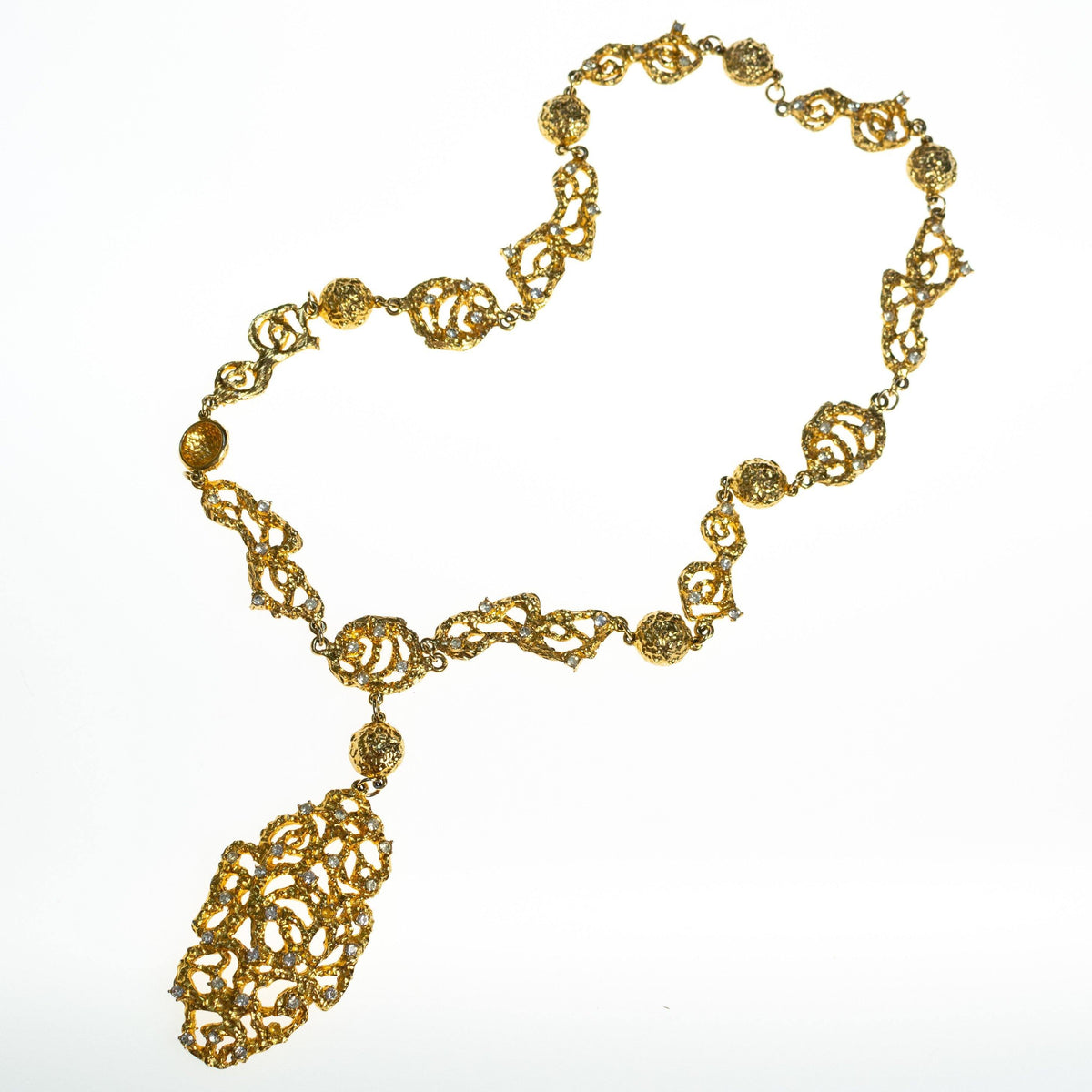 Vintage Polcini Gold Brutalist Modern Long Statement Necklace with Rhinestones