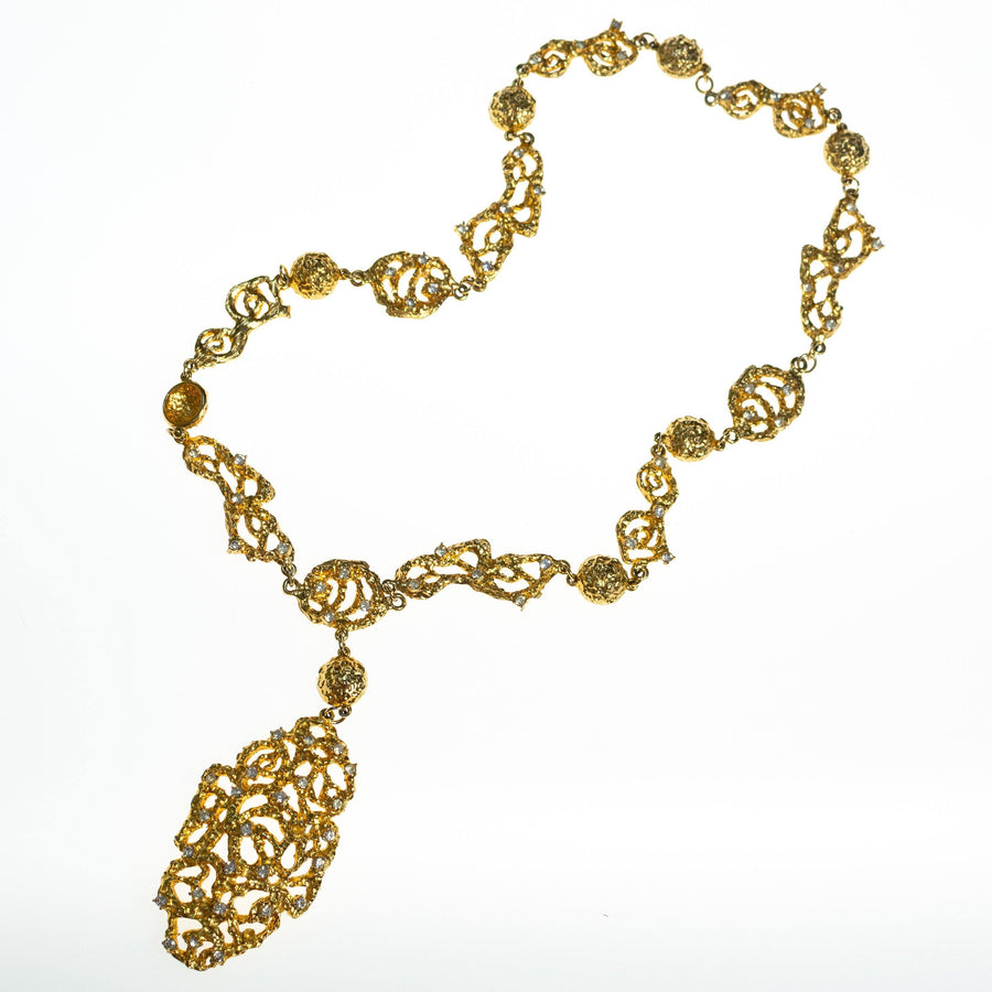 Vintage Polcini Gold Brutalist Modern Long Statement Necklace with Rhinestones by 1960s - Vintage Meet Modern Vintage Jewelry - Chicago, Illinois - #oldhollywoodglamour #vintagemeetmodern #designervintage #jewelrybox #antiquejewelry #vintagejewelry