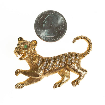 Gold Tone Vintage Tiger Brooch, Clear Diamante Rhinestones, Green Rhinestones Eyes, Gold Pin, Figural by 1960s - Vintage Meet Modern Vintage Jewelry - Chicago, Illinois - #oldhollywoodglamour #vintagemeetmodern #designervintage #jewelrybox #antiquejewelry #vintagejewelry