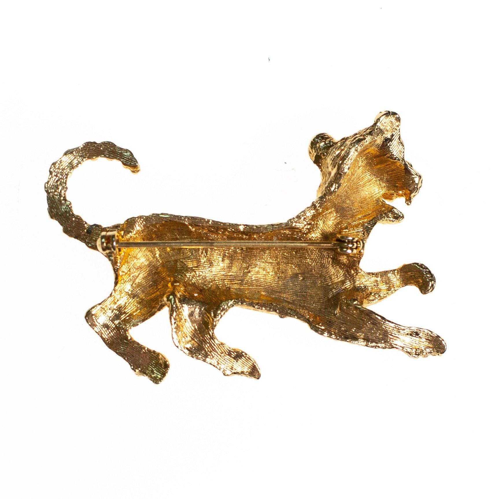 Gold Tone Vintage Tiger Brooch, Clear Diamante Rhinestones, Green Rhinestones Eyes, Gold Pin, Figural by 1960s - Vintage Meet Modern Vintage Jewelry - Chicago, Illinois - #oldhollywoodglamour #vintagemeetmodern #designervintage #jewelrybox #antiquejewelry #vintagejewelry