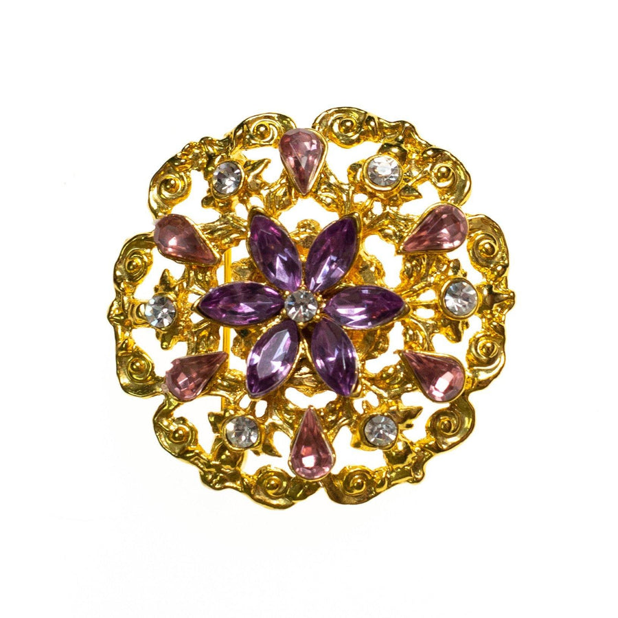 Vintage Gold Medallion Brooch with Pink and Purple Rhinestones by 1980s - Vintage Meet Modern Vintage Jewelry - Chicago, Illinois - #oldhollywoodglamour #vintagemeetmodern #designervintage #jewelrybox #antiquejewelry #vintagejewelry