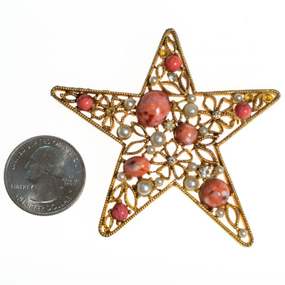 Vintage Gold Tone Star Brooch, Coral Pink Speckled Cabochons, Faux Pearls, Clear Rhinestones, Brooches and Pins by 1960s - Vintage Meet Modern Vintage Jewelry - Chicago, Illinois - #oldhollywoodglamour #vintagemeetmodern #designervintage #jewelrybox #antiquejewelry #vintagejewelry