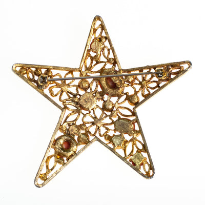 Vintage Gold Tone Star Brooch, Coral Pink Speckled Cabochons, Faux Pearls, Clear Rhinestones, Brooches and Pins by 1960s - Vintage Meet Modern Vintage Jewelry - Chicago, Illinois - #oldhollywoodglamour #vintagemeetmodern #designervintage #jewelrybox #antiquejewelry #vintagejewelry