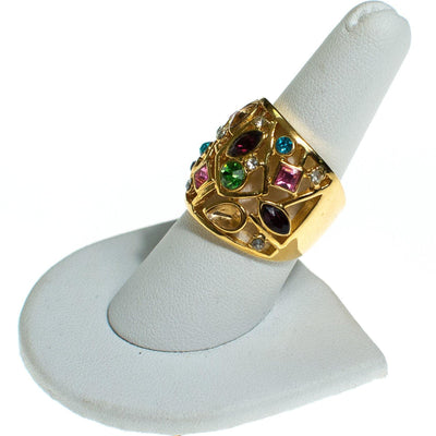 Vintage Gold Tone Ring Multi Color Pink, Green, Purple, Yellow, Blue, and Clear Rhinestones, Statement Ring, Ring Size 8 by 1990s - Vintage Meet Modern Vintage Jewelry - Chicago, Illinois - #oldhollywoodglamour #vintagemeetmodern #designervintage #jewelrybox #antiquejewelry #vintagejewelry