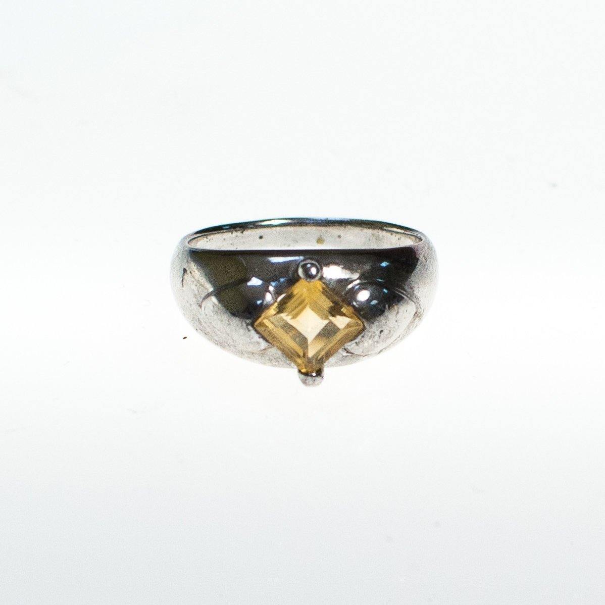 Vintage Sterling Silver Princess Cut Bezel Set Citrine Ring