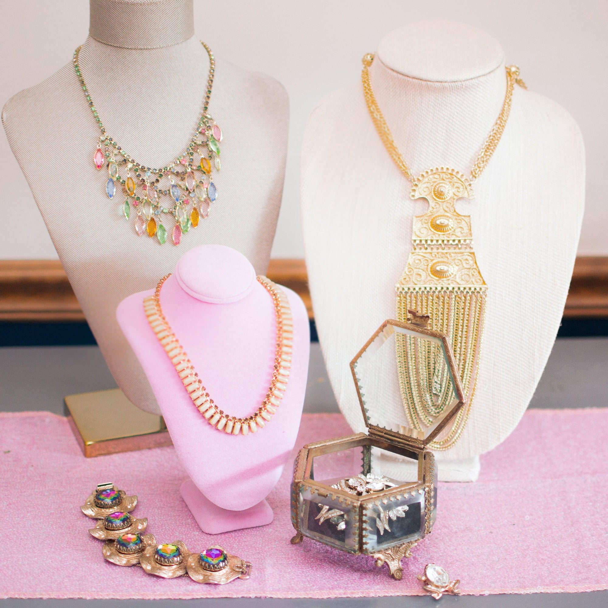 Vintage Etruscan Statement Necklace with Waterfall Chain by 1960s - Vintage Meet Modern Vintage Jewelry - Chicago, Illinois - #oldhollywoodglamour #vintagemeetmodern #designervintage #jewelrybox #antiquejewelry #vintagejewelry