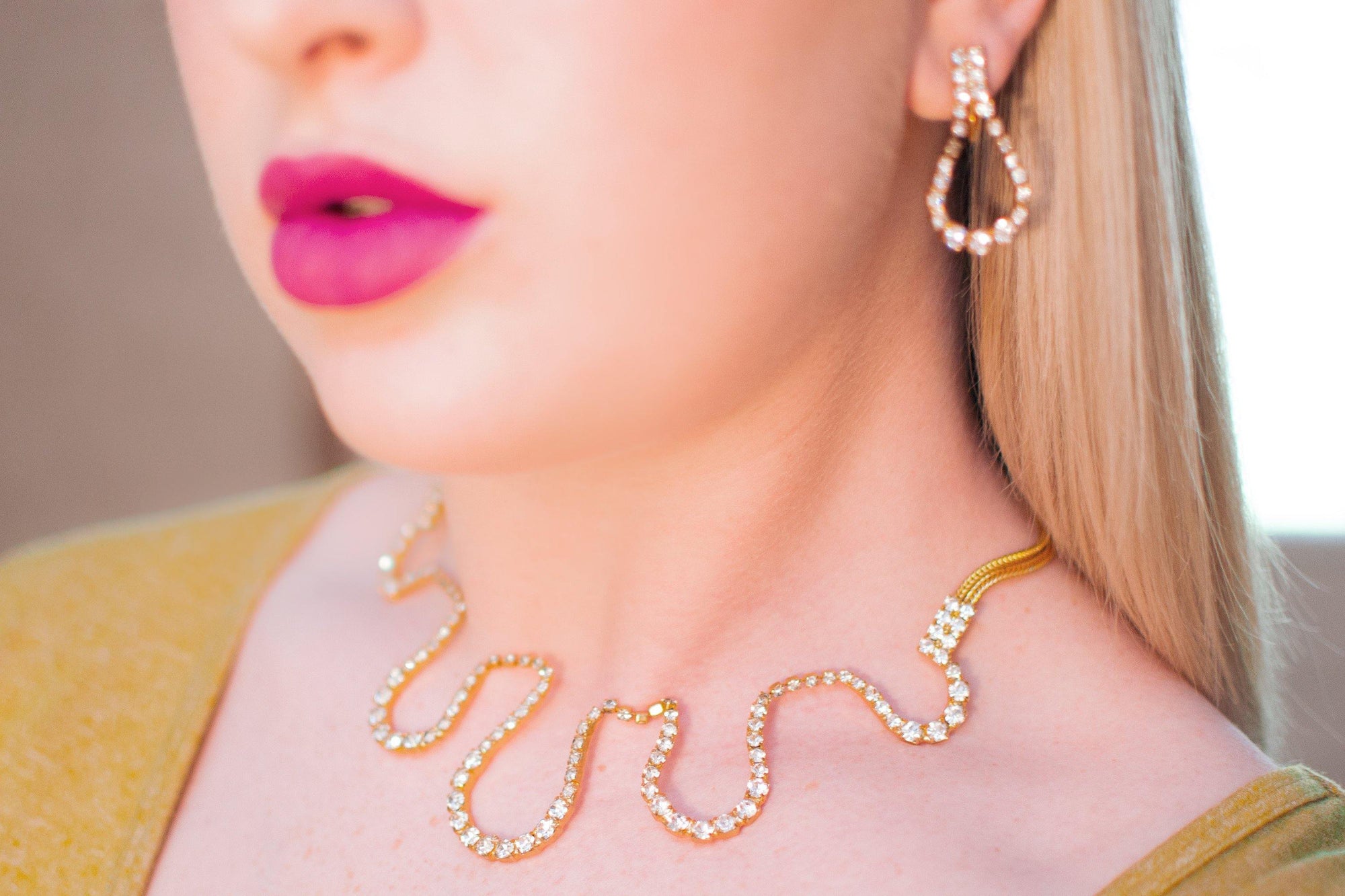 Hobe Vintage Gold Tone Necklace, Diamante Rhinestones, Slide Clasp by 1960s - Vintage Meet Modern Vintage Jewelry - Chicago, Illinois - #oldhollywoodglamour #vintagemeetmodern #designervintage #jewelrybox #antiquejewelry #vintagejewelry