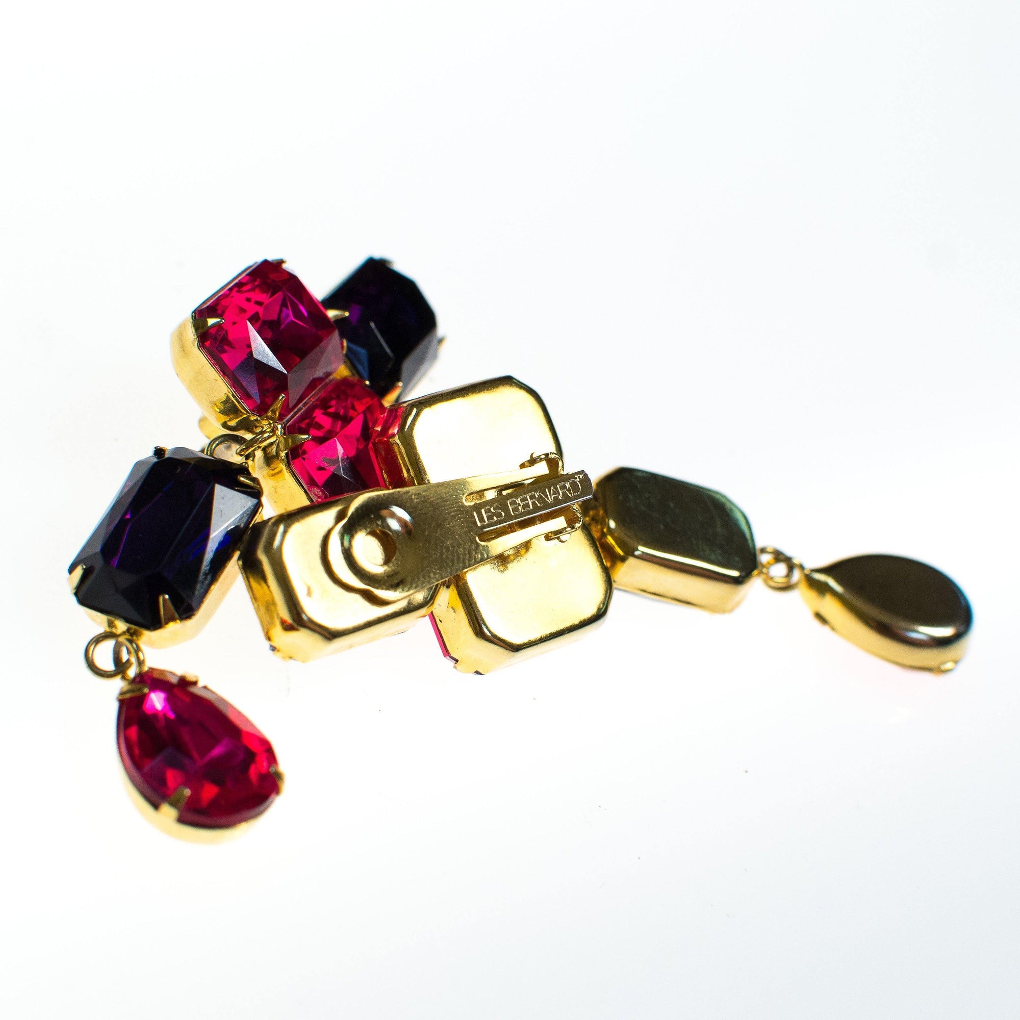 Vintage Les Bernard Pink and Purple Rhinestone Statement Earrings, Clip On, 1980s Runway Style by Les Bernard - Vintage Meet Modern Vintage Jewelry - Chicago, Illinois - #oldhollywoodglamour #vintagemeetmodern #designervintage #jewelrybox #antiquejewelry #vintagejewelry