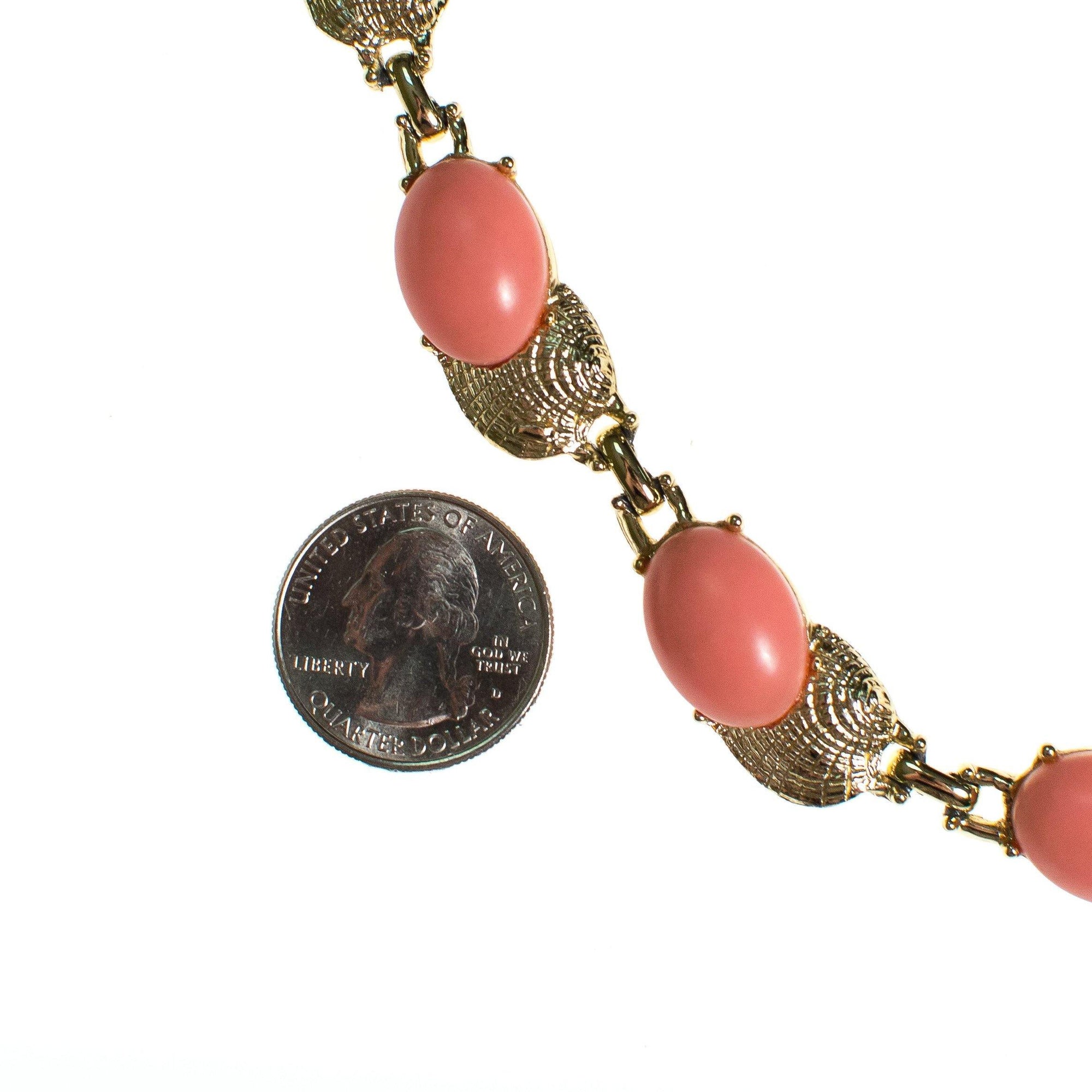 Vintage Pink Lucite Necklace, Gold Tone, Hook Clasp by 1950s - Vintage Meet Modern Vintage Jewelry - Chicago, Illinois - #oldhollywoodglamour #vintagemeetmodern #designervintage #jewelrybox #antiquejewelry #vintagejewelry