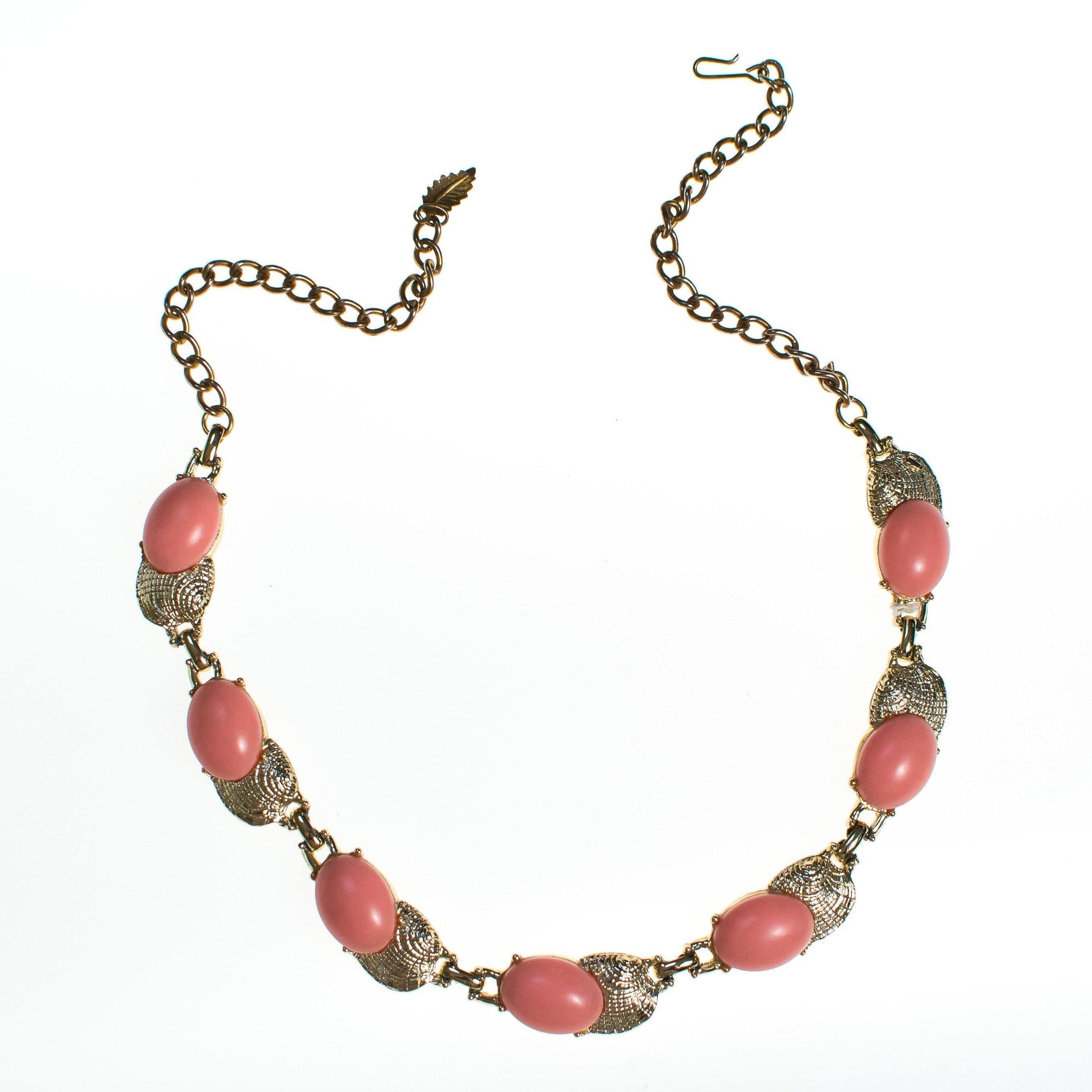 Vintage Pink Lucite Necklace, Gold Tone, Hook Clasp by 1950s - Vintage Meet Modern Vintage Jewelry - Chicago, Illinois - #oldhollywoodglamour #vintagemeetmodern #designervintage #jewelrybox #antiquejewelry #vintagejewelry