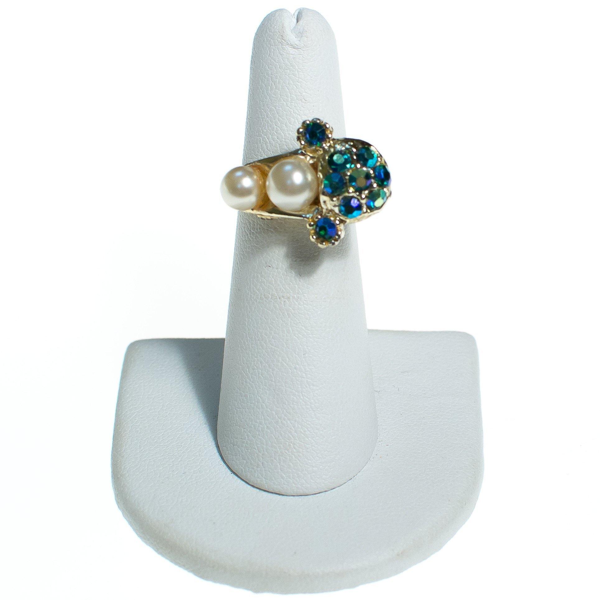Vintage 1960s Faux Pearl and Green Blue Iridescent Aurora Borealis Adjustable Cocktail Statement Ring by 1960s - Vintage Meet Modern Vintage Jewelry - Chicago, Illinois - #oldhollywoodglamour #vintagemeetmodern #designervintage #jewelrybox #antiquejewelry #vintagejewelry