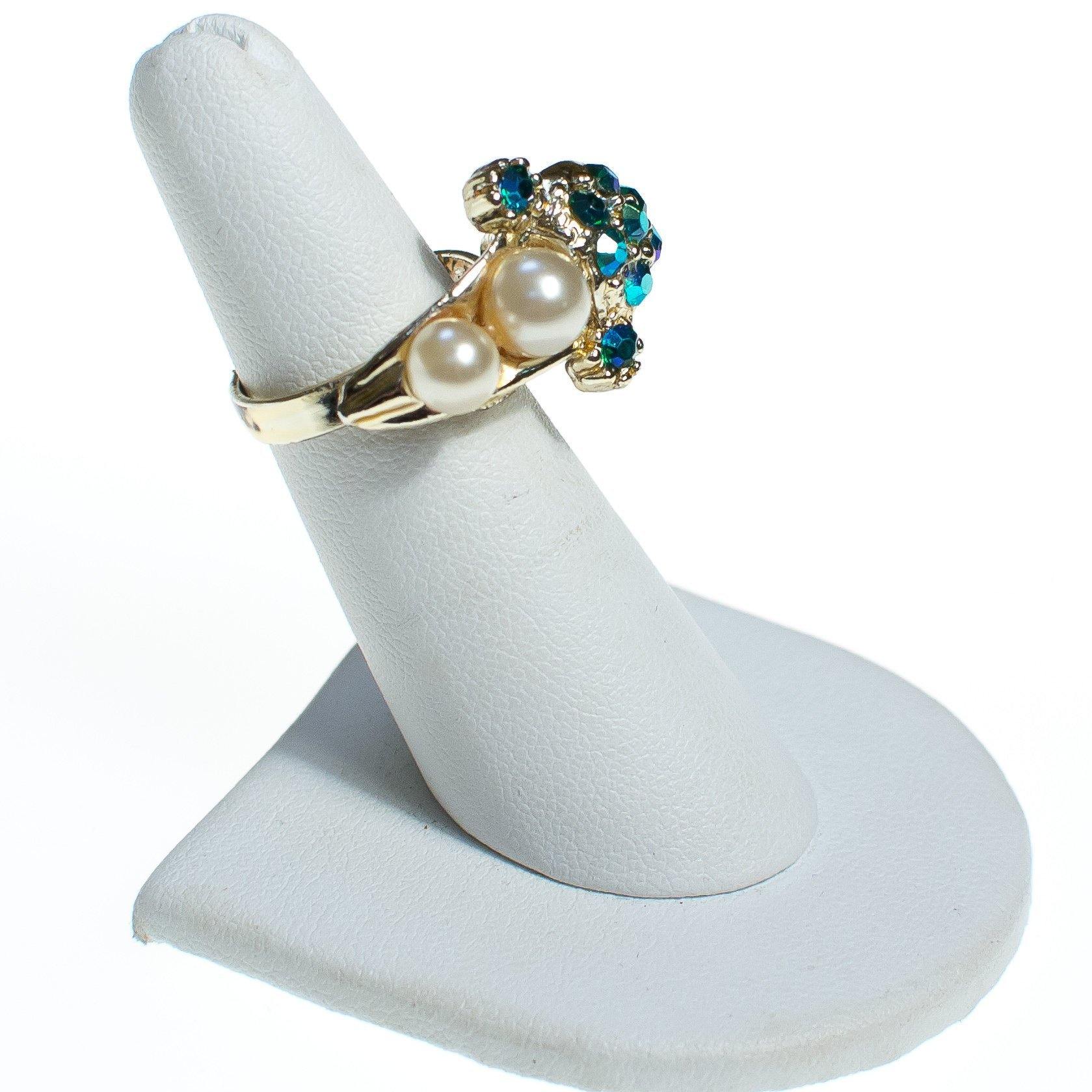 Vintage 1960s Faux Pearl and Green Blue Iridescent Aurora Borealis Adjustable Cocktail Statement Ring by 1960s - Vintage Meet Modern Vintage Jewelry - Chicago, Illinois - #oldhollywoodglamour #vintagemeetmodern #designervintage #jewelrybox #antiquejewelry #vintagejewelry