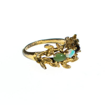 Vintage Gold Band Ring with Leaves Jade Opaline and Tigers Eye by 1960s - Vintage Meet Modern Vintage Jewelry - Chicago, Illinois - #oldhollywoodglamour #vintagemeetmodern #designervintage #jewelrybox #antiquejewelry #vintagejewelry