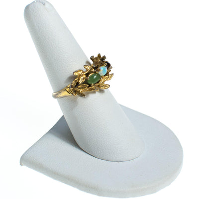 Vintage Gold Band Ring with Leaves Jade Opaline and Tigers Eye by 1960s - Vintage Meet Modern Vintage Jewelry - Chicago, Illinois - #oldhollywoodglamour #vintagemeetmodern #designervintage #jewelrybox #antiquejewelry #vintagejewelry
