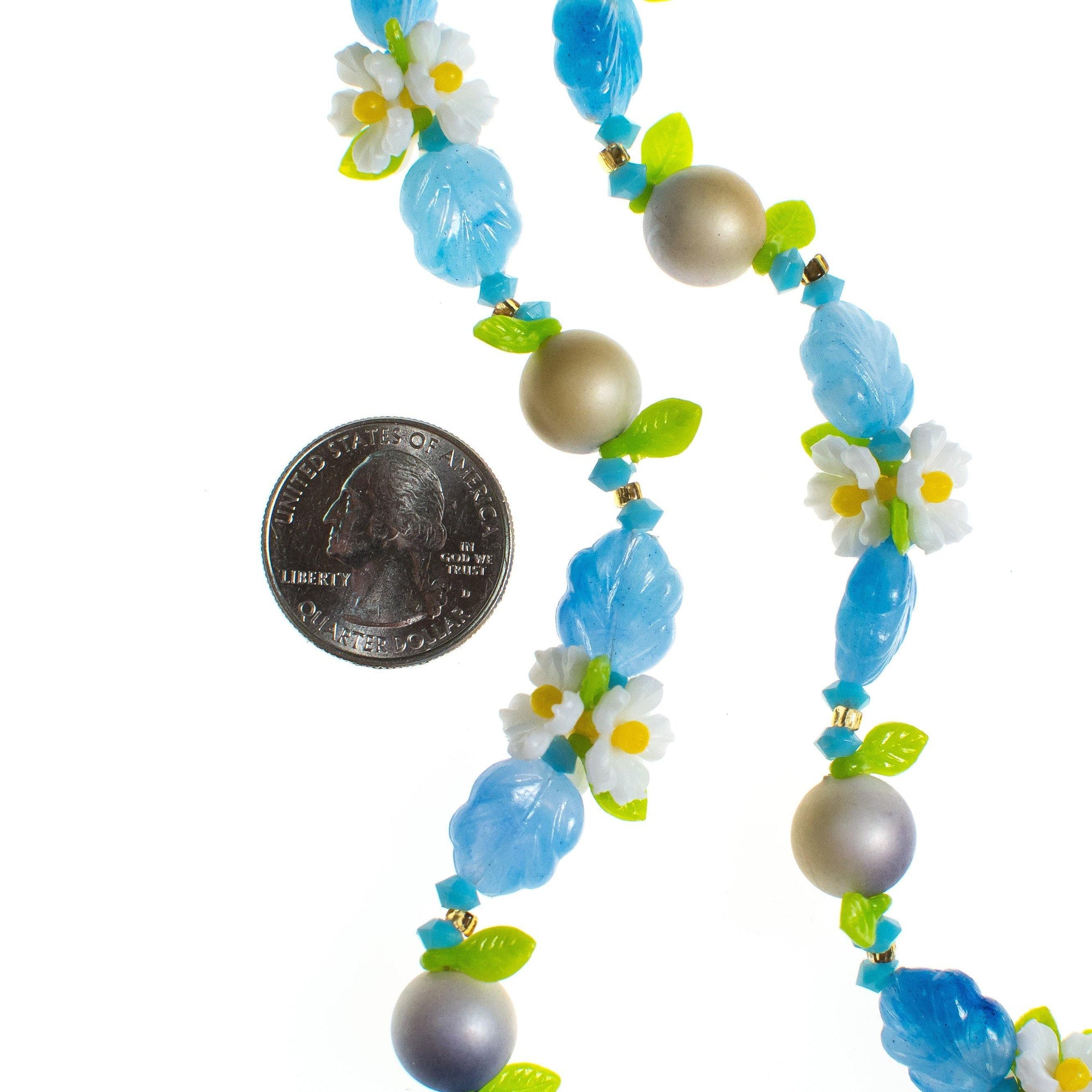 Vintage 1950s Blue Bead and Daisy Lucite Double Strand Beaded Necklace by 1950s - Vintage Meet Modern Vintage Jewelry - Chicago, Illinois - #oldhollywoodglamour #vintagemeetmodern #designervintage #jewelrybox #antiquejewelry #vintagejewelry