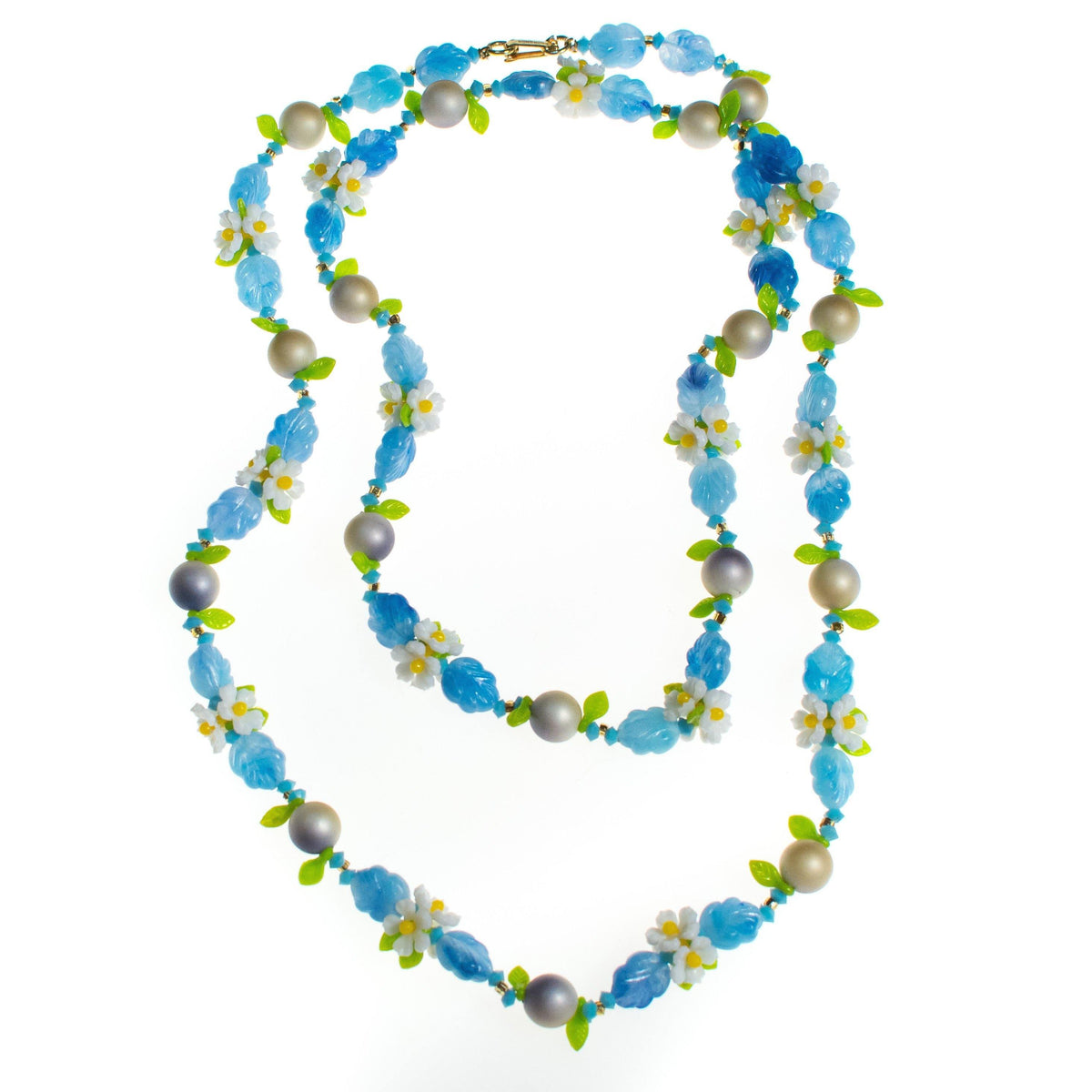 Vintage 1950s Blue Bead and Daisy Lucite Double Strand Beaded Necklace