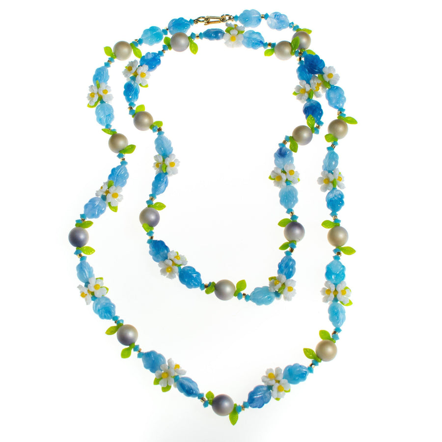 Vintage 1950s Blue Bead and Daisy Lucite Double Strand Beaded Necklace by 1950s - Vintage Meet Modern Vintage Jewelry - Chicago, Illinois - #oldhollywoodglamour #vintagemeetmodern #designervintage #jewelrybox #antiquejewelry #vintagejewelry