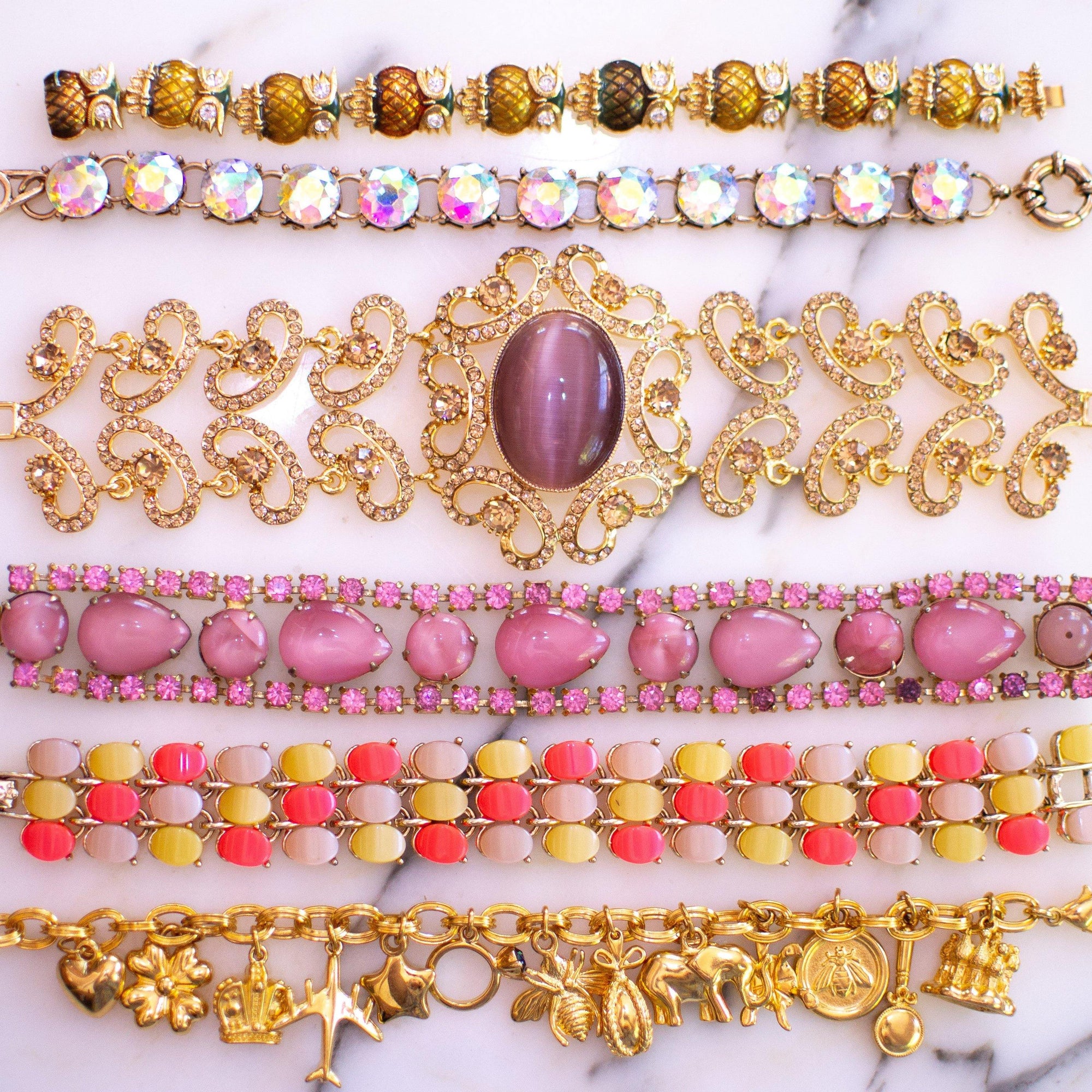 Vintage Pink Crystal and Moonglow Rhinestone Bracelet by 1960s - Vintage Meet Modern Vintage Jewelry - Chicago, Illinois - #oldhollywoodglamour #vintagemeetmodern #designervintage #jewelrybox #antiquejewelry #vintagejewelry