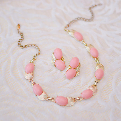Vintage Pink Lucite Necklace, Gold Tone, Hook Clasp by 1950s - Vintage Meet Modern Vintage Jewelry - Chicago, Illinois - #oldhollywoodglamour #vintagemeetmodern #designervintage #jewelrybox #antiquejewelry #vintagejewelry
