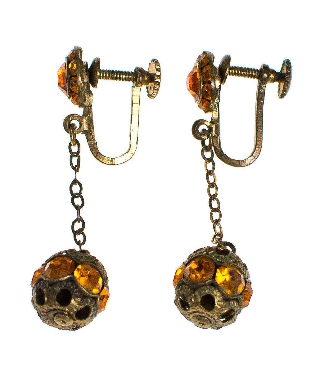 Vintage Amber Rhinestone Drop Earrings, West Germany, Screw Back