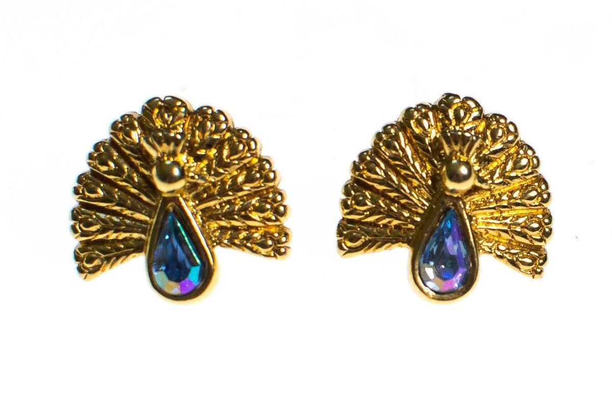 Vintage Gold Tone Peacock Earrings with Aurora Borealis Iridescent Blue Rhinestone, Pierced Post Earrings