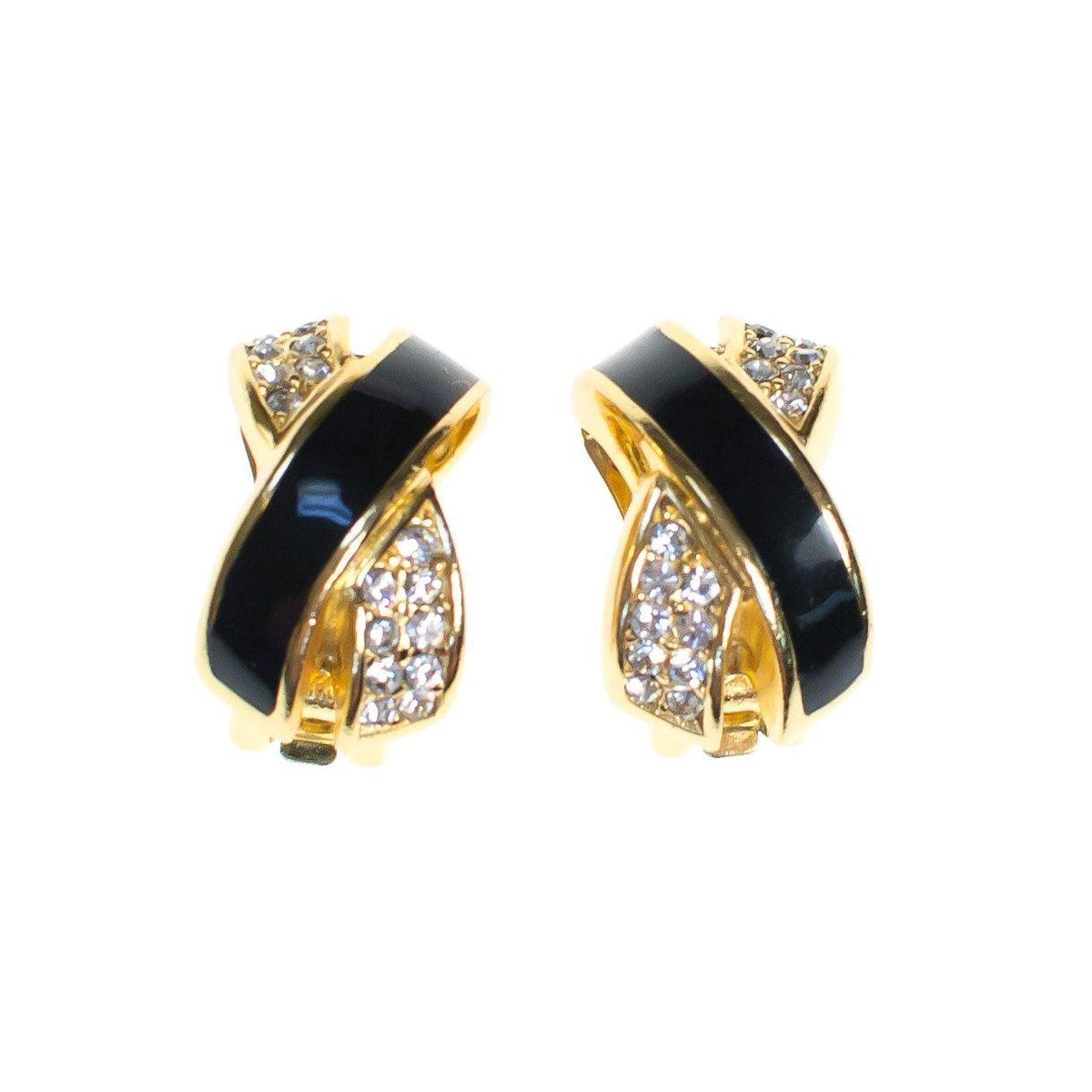 Vintage Christian Dior Statement Earrings Black Enamel with Sparkling Diamante Crystals "X" Style Design