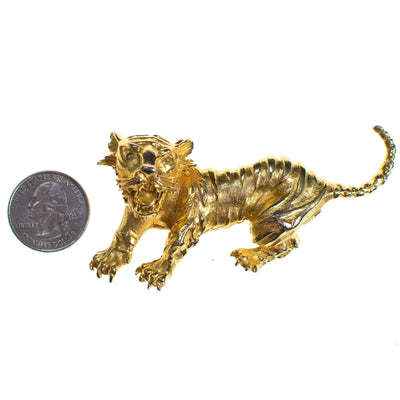 Vintage Brushed Gold Tone Roaring Tiger Brooch by 1960s - Vintage Meet Modern Vintage Jewelry - Chicago, Illinois - #oldhollywoodglamour #vintagemeetmodern #designervintage #jewelrybox #antiquejewelry #vintagejewelry