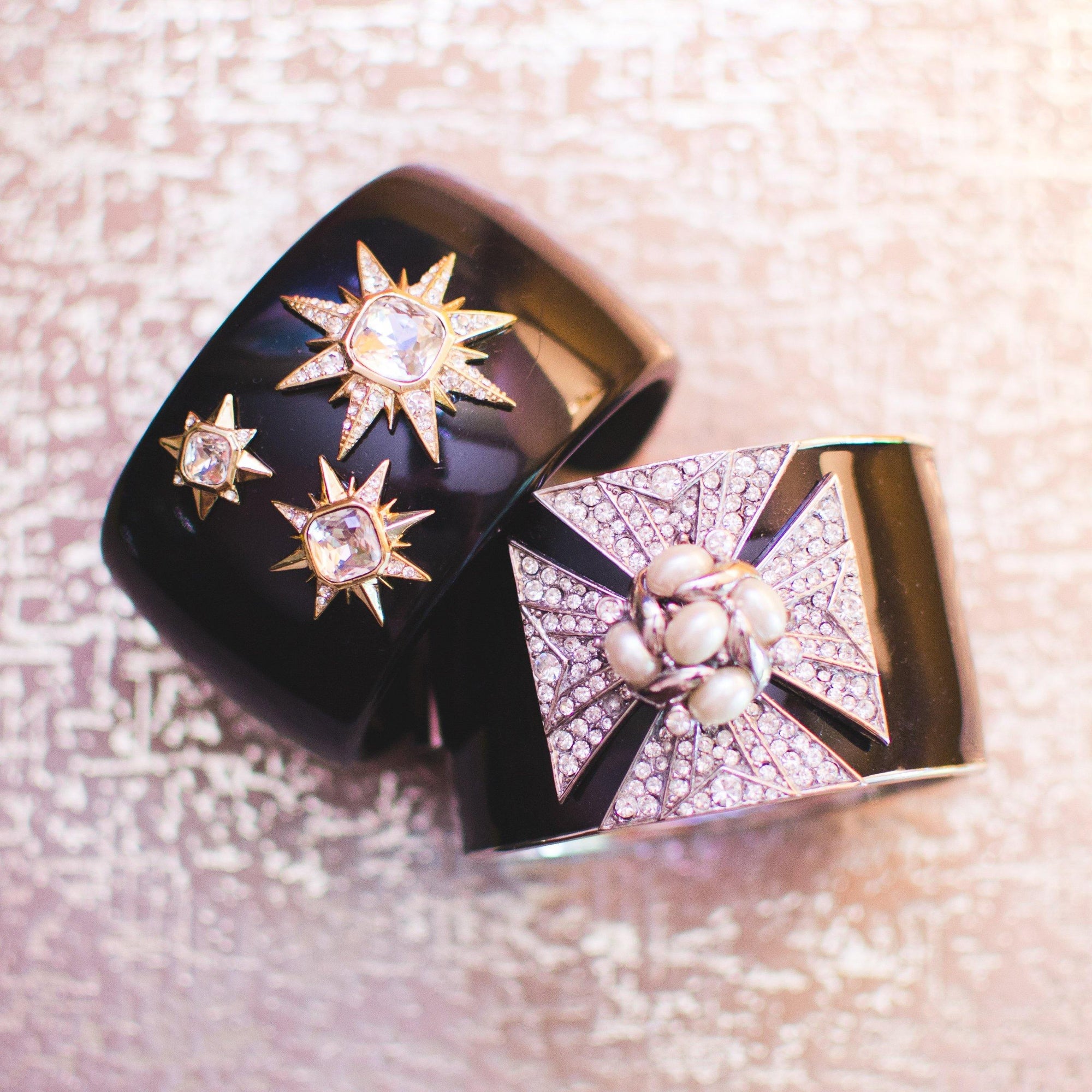 Vintage Louise et Cie Black Lucite Cuff with Gold Rhinestone Stars by Louise et Cie - Vintage Meet Modern Vintage Jewelry - Chicago, Illinois - #oldhollywoodglamour #vintagemeetmodern #designervintage #jewelrybox #antiquejewelry #vintagejewelry