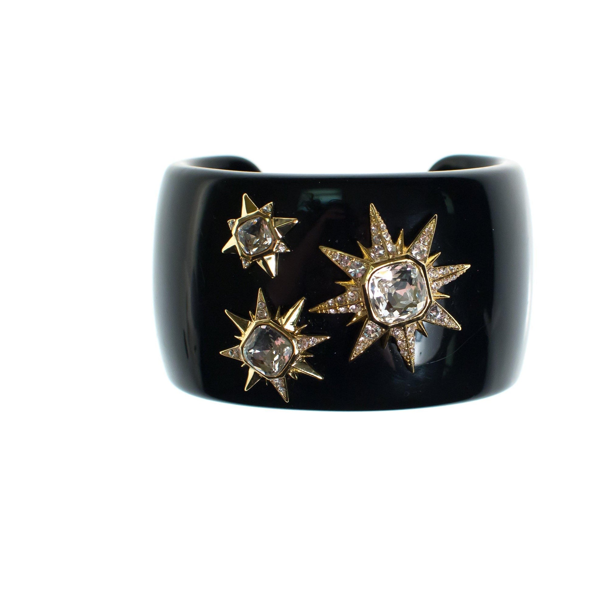Vintage Louise et Cie Black Lucite Cuff with Gold Rhinestone Stars by Louise et Cie - Vintage Meet Modern Vintage Jewelry - Chicago, Illinois - #oldhollywoodglamour #vintagemeetmodern #designervintage #jewelrybox #antiquejewelry #vintagejewelry