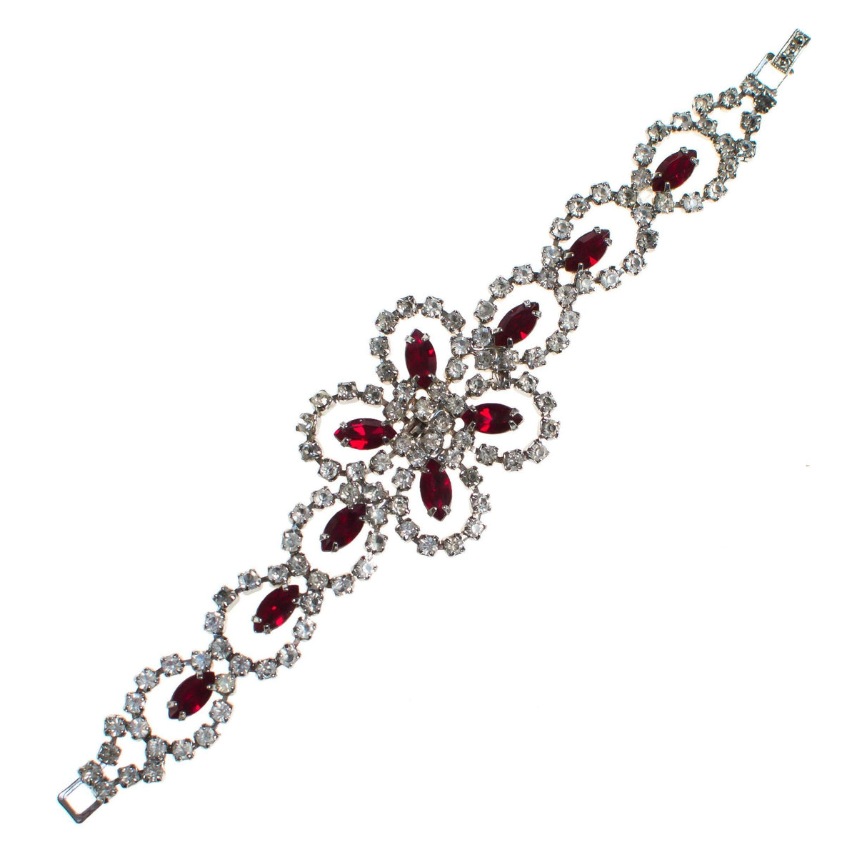 Vintage Art Deco Style Ruby Red Crystal and Diamante Rhinestone Bracelet