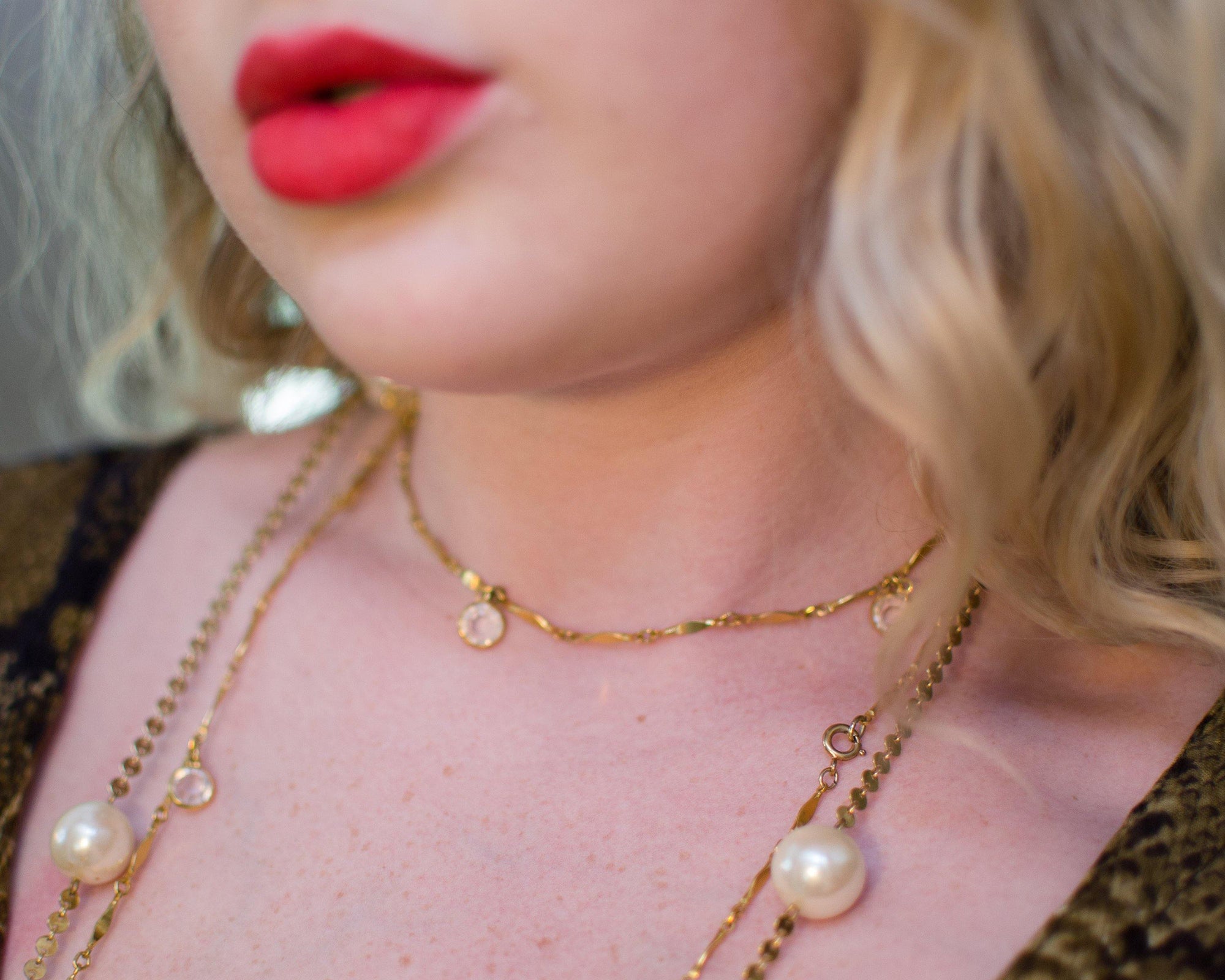 Vintage Bezel Set Crystal and Gold Flat Link Chain Necklace by 1980s - Vintage Meet Modern Vintage Jewelry - Chicago, Illinois - #oldhollywoodglamour #vintagemeetmodern #designervintage #jewelrybox #antiquejewelry #vintagejewelry