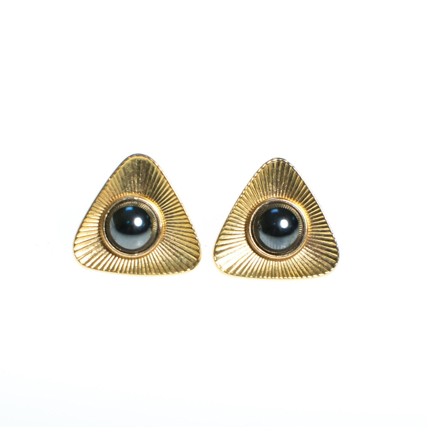 Vintage Triangular Geometric Earring with Marcasite Center Bead Pierced Stud 1970s New Old Stock Minimalist Style