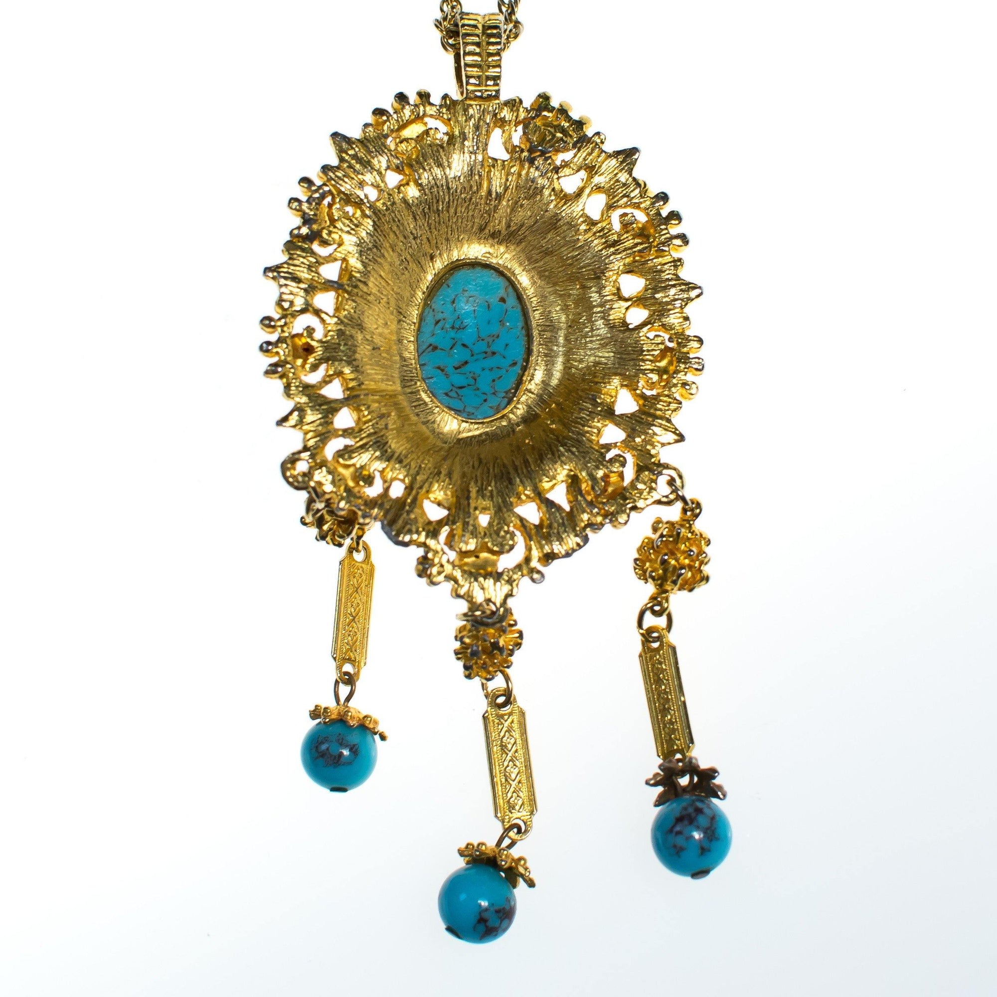 Vintage 1970s Rococco Revival Turquoise and Gold Statement Necklace by 1970s - Vintage Meet Modern Vintage Jewelry - Chicago, Illinois - #oldhollywoodglamour #vintagemeetmodern #designervintage #jewelrybox #antiquejewelry #vintagejewelry