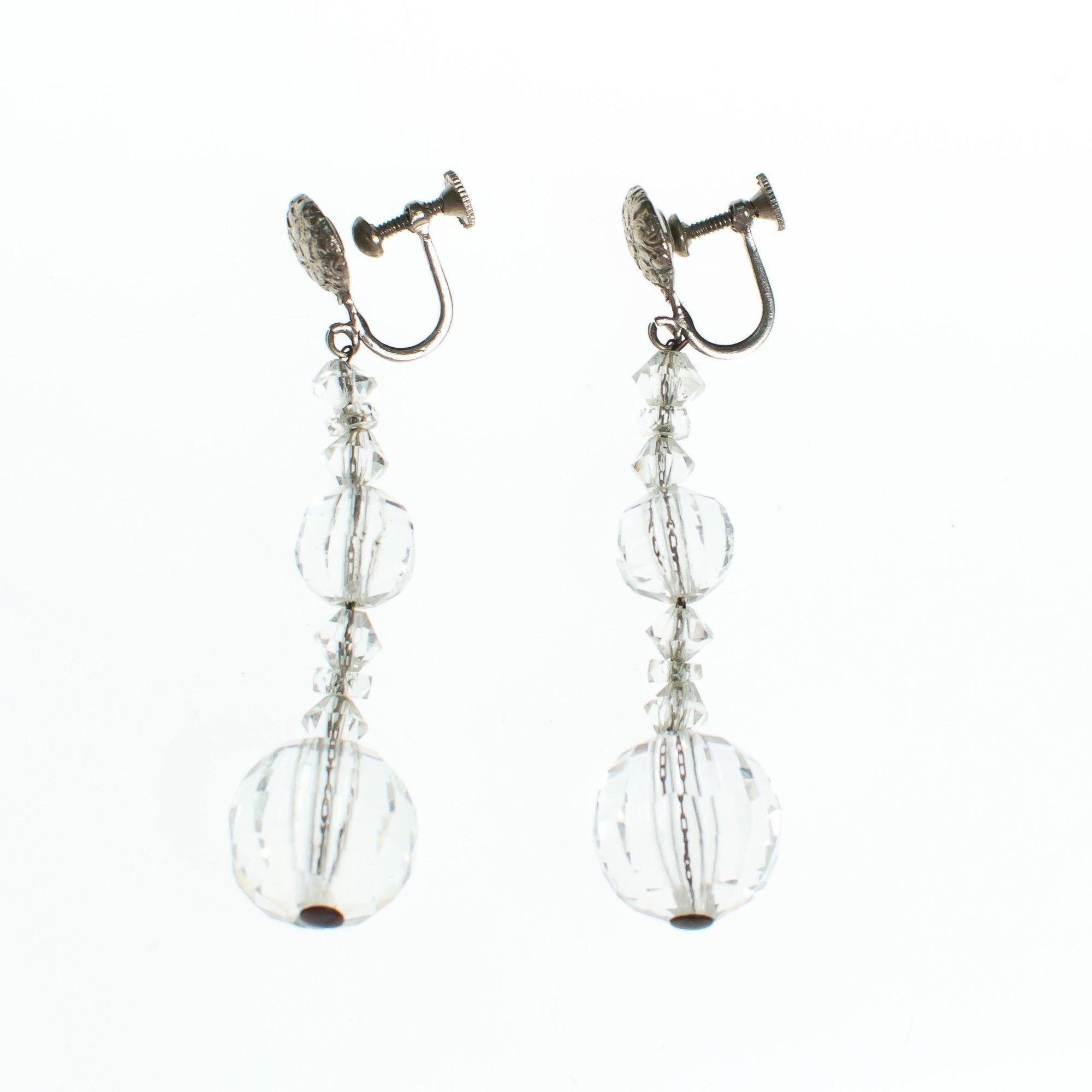 Vintage Faceted  Crystal Clear Glass Bead Earrings, Dangle Earrings, Screw Back by Czech - Vintage Meet Modern Vintage Jewelry - Chicago, Illinois - #oldhollywoodglamour #vintagemeetmodern #designervintage #jewelrybox #antiquejewelry #vintagejewelry