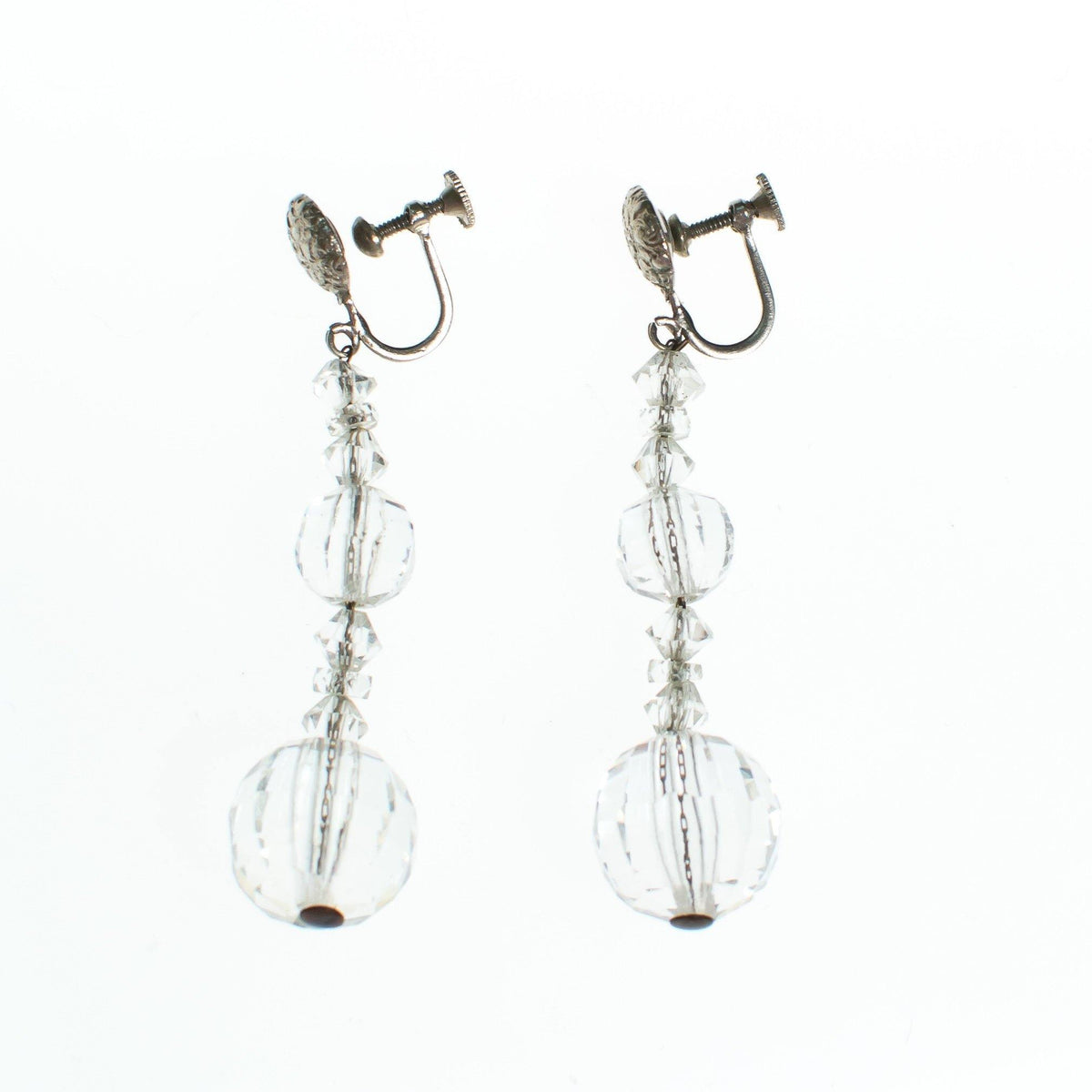 Vintage Faceted  Crystal Clear Glass Bead Earrings, Dangle Earrings, Screw Back
