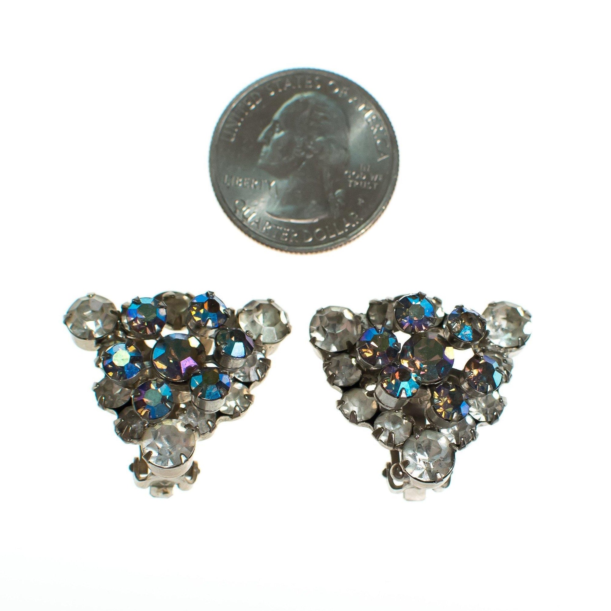 Vintage Rhinestone Earrings, Diamante and Aurora Borealis Rhinestones, Rainbow Iridescent Rhinestones, Clip-on Triangular Earrings by 1950s - Vintage Meet Modern Vintage Jewelry - Chicago, Illinois - #oldhollywoodglamour #vintagemeetmodern #designervintage #jewelrybox #antiquejewelry #vintagejewelry