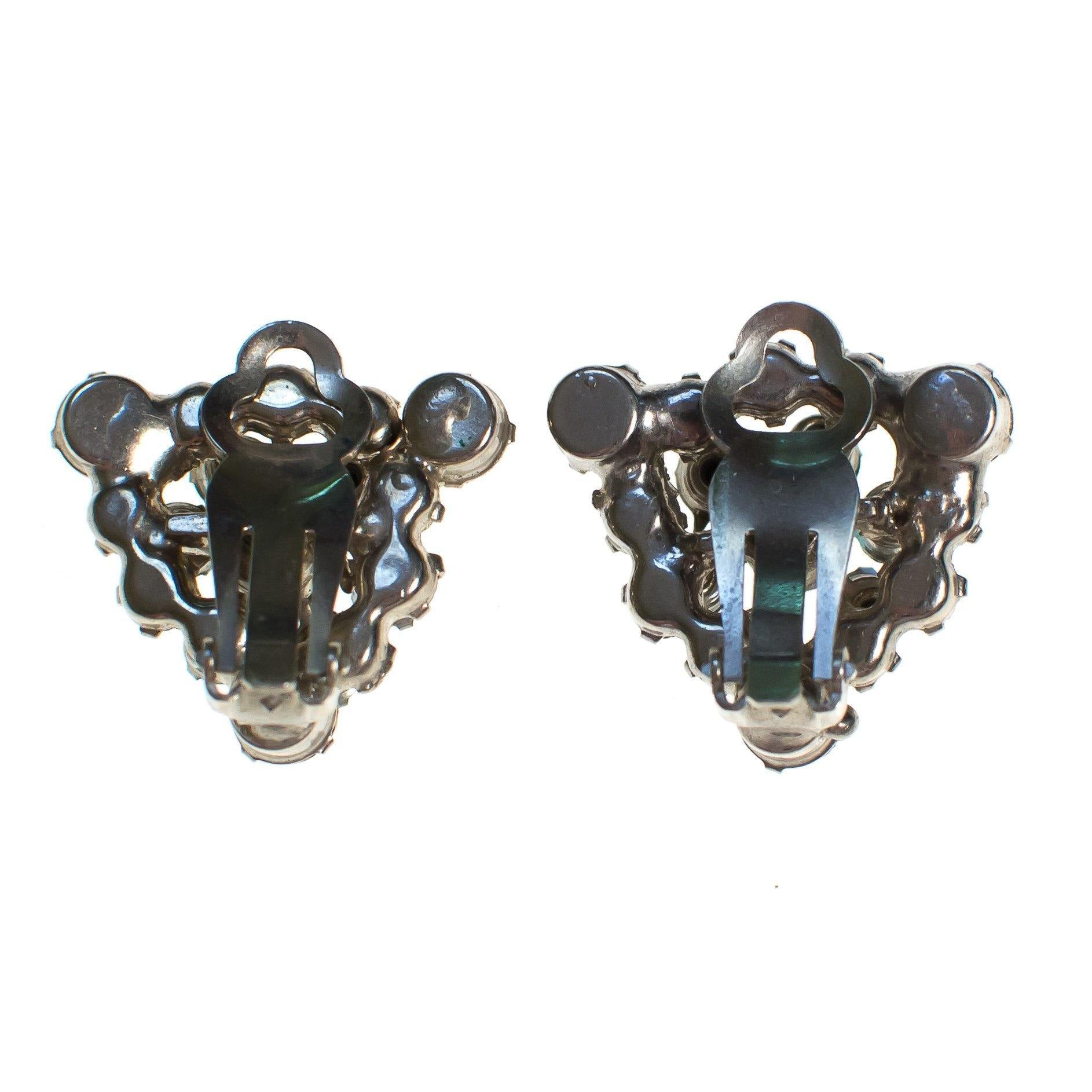 Vintage Rhinestone Earrings, Diamante and Aurora Borealis Rhinestones, Rainbow Iridescent Rhinestones, Clip-on Triangular Earrings by 1950s - Vintage Meet Modern Vintage Jewelry - Chicago, Illinois - #oldhollywoodglamour #vintagemeetmodern #designervintage #jewelrybox #antiquejewelry #vintagejewelry