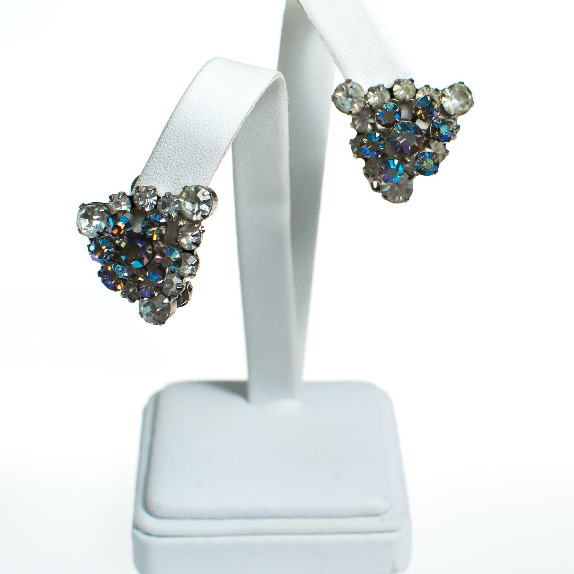 Vintage Rhinestone Earrings, Diamante and Aurora Borealis Rhinestones, Rainbow Iridescent Rhinestones, Clip-on Triangular Earrings by 1950s - Vintage Meet Modern Vintage Jewelry - Chicago, Illinois - #oldhollywoodglamour #vintagemeetmodern #designervintage #jewelrybox #antiquejewelry #vintagejewelry