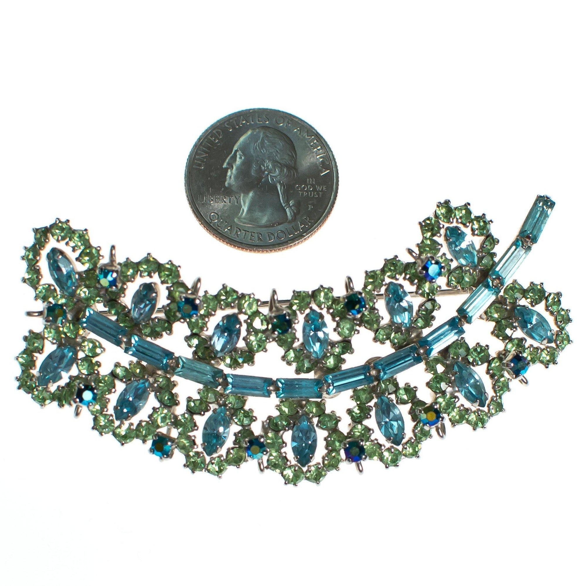 Vintage Rhinestone Brooch, Pastel Blue and Green Rhinestones, Pin by 1960s - Vintage Meet Modern Vintage Jewelry - Chicago, Illinois - #oldhollywoodglamour #vintagemeetmodern #designervintage #jewelrybox #antiquejewelry #vintagejewelry