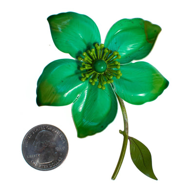 Vintage 1950s  Green Painted Enamel Flower Brooch, Pin by 1950s - Vintage Meet Modern Vintage Jewelry - Chicago, Illinois - #oldhollywoodglamour #vintagemeetmodern #designervintage #jewelrybox #antiquejewelry #vintagejewelry