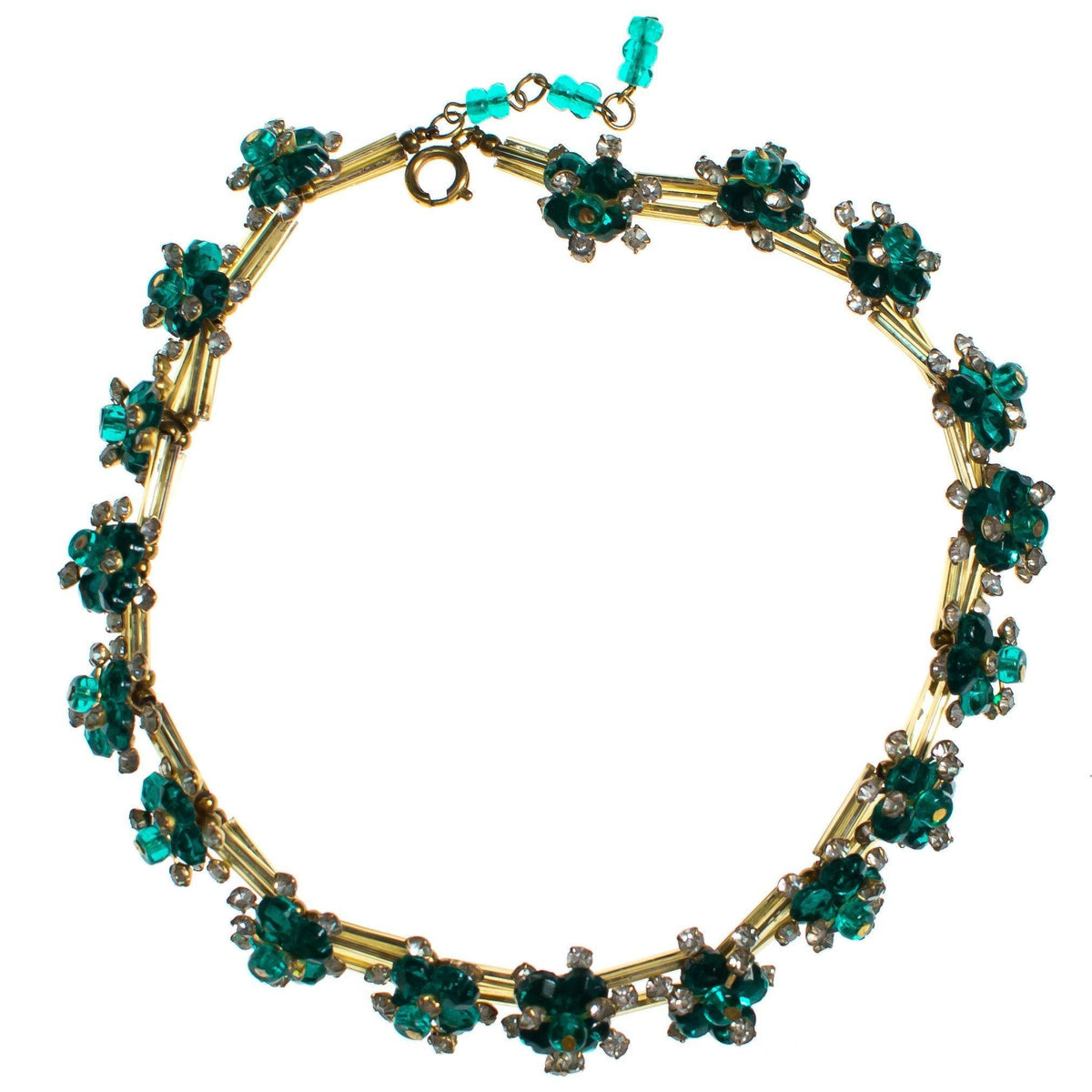 Vintage Emerald Crystal Rhinestone Flower Choker Necklace